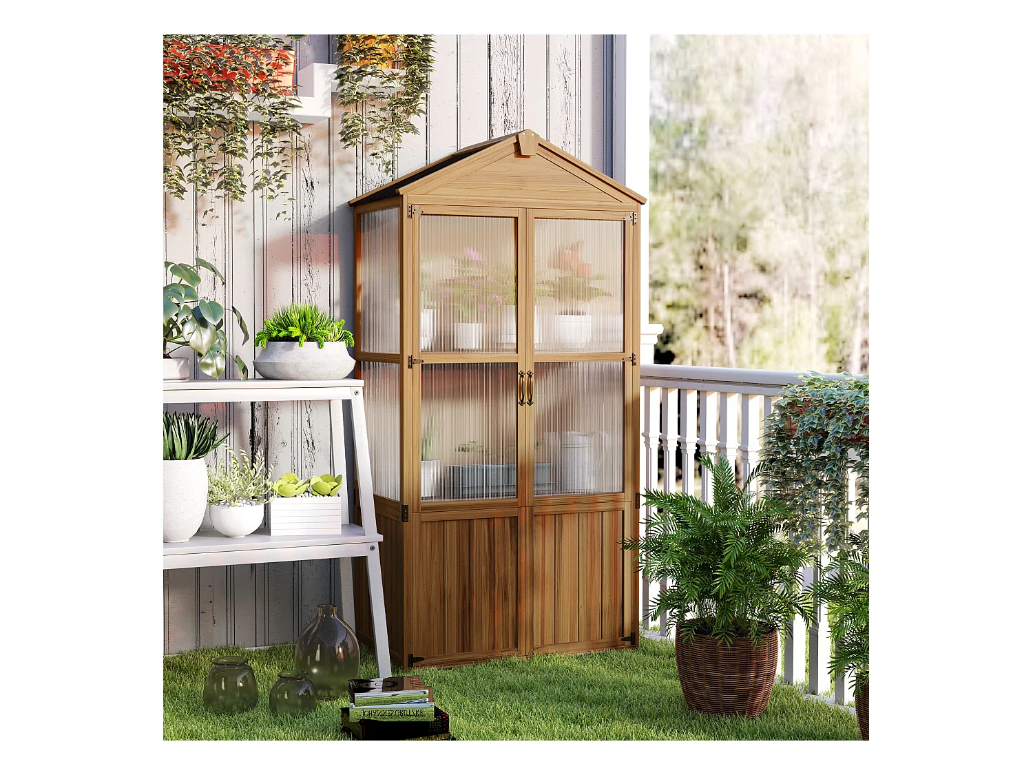 Armoire de jardin en bois - 2 portes, 2 étagères, toit bitumé - dim. 94 x 55 x 178 cm - sapin pré-huilé polycarbonate