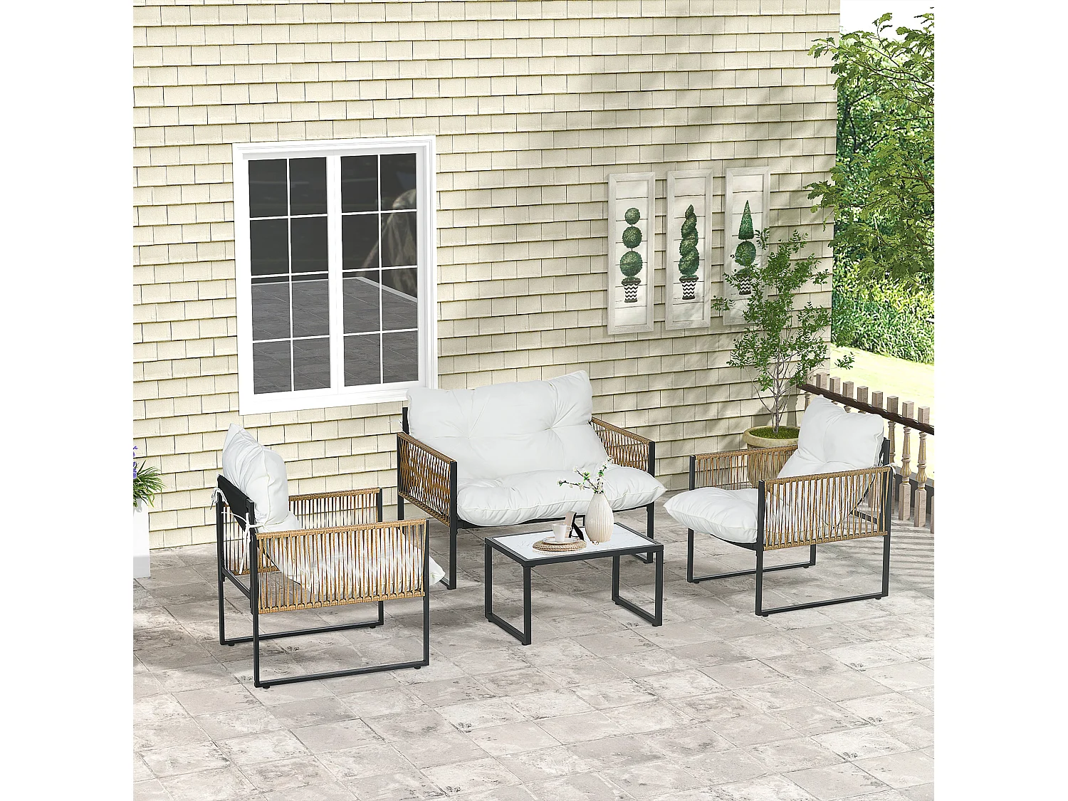 Ensemble salon de jardin  4 places 4 pièces 3 coussins acier résine crème