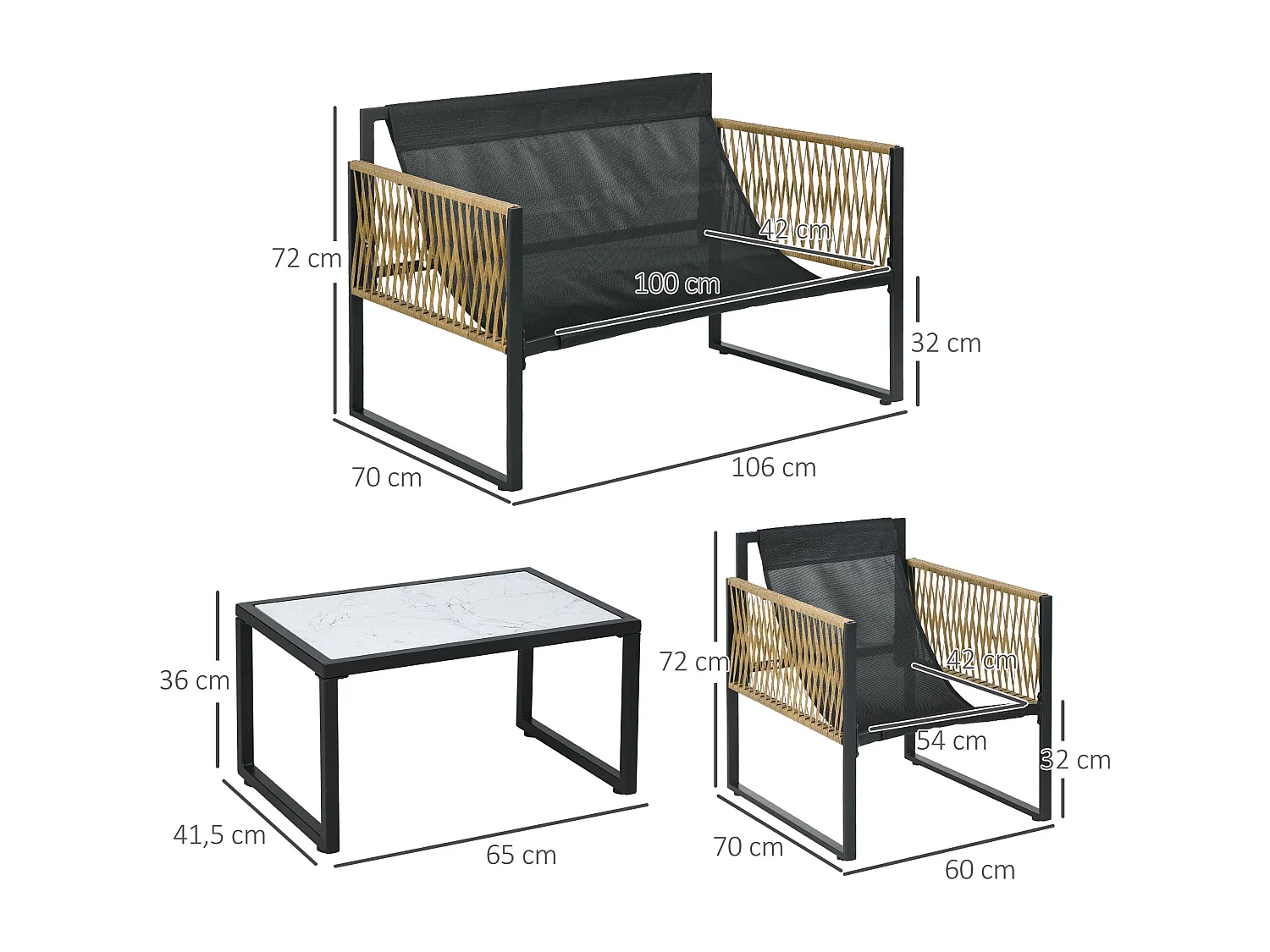 Ensemble salon de jardin  4 places 4 pièces 3 coussins acier résine crème