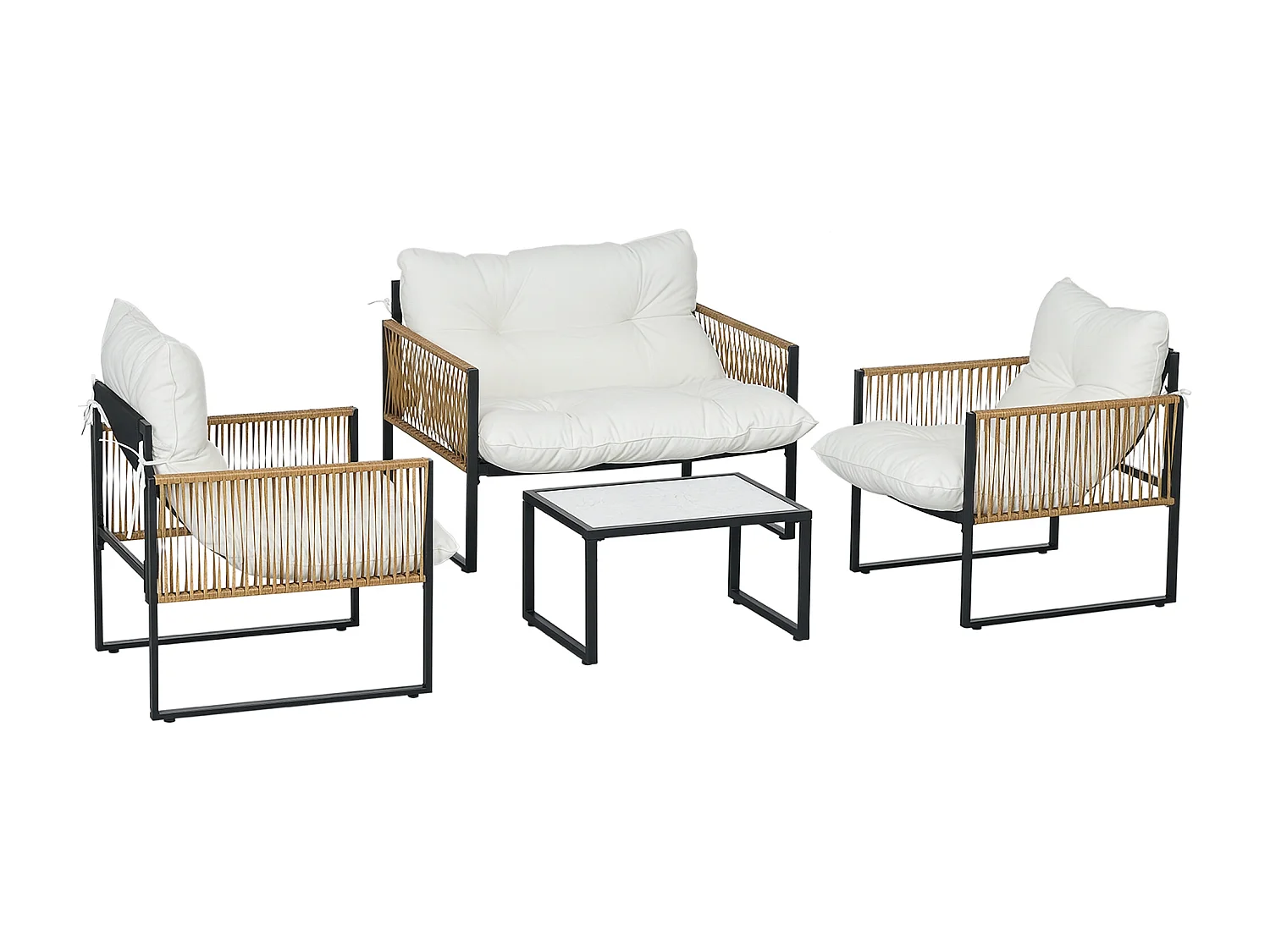 Ensemble salon de jardin  4 places 4 pièces 3 coussins acier résine crème