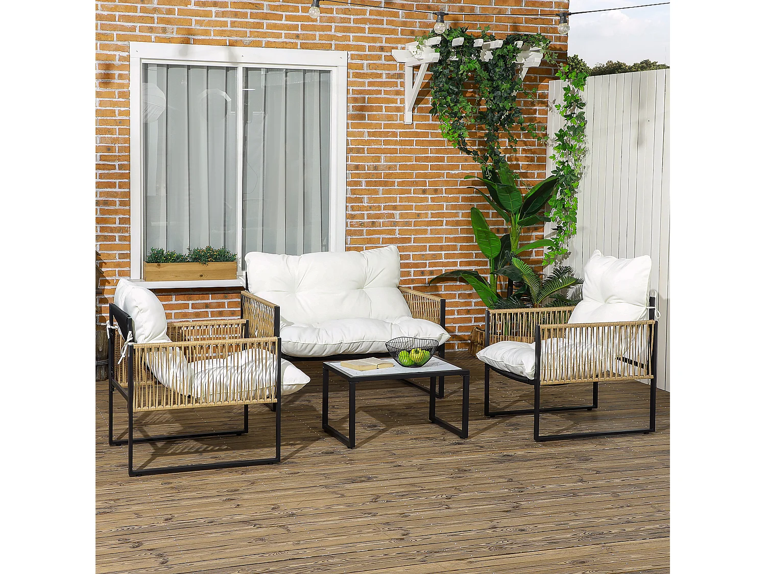 Ensemble salon de jardin  4 places 4 pièces 3 coussins acier résine crème