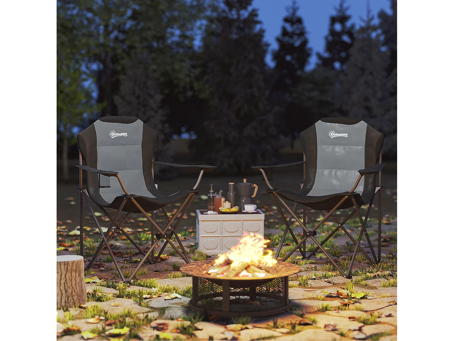 Lot de 2 chaises pliantes rembourrées de camping - porte-gobelet - gris