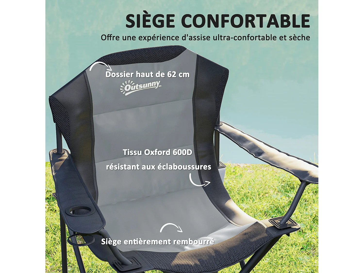 Lot de 2 chaises pliantes rembourrées de camping - porte-gobelet - gris