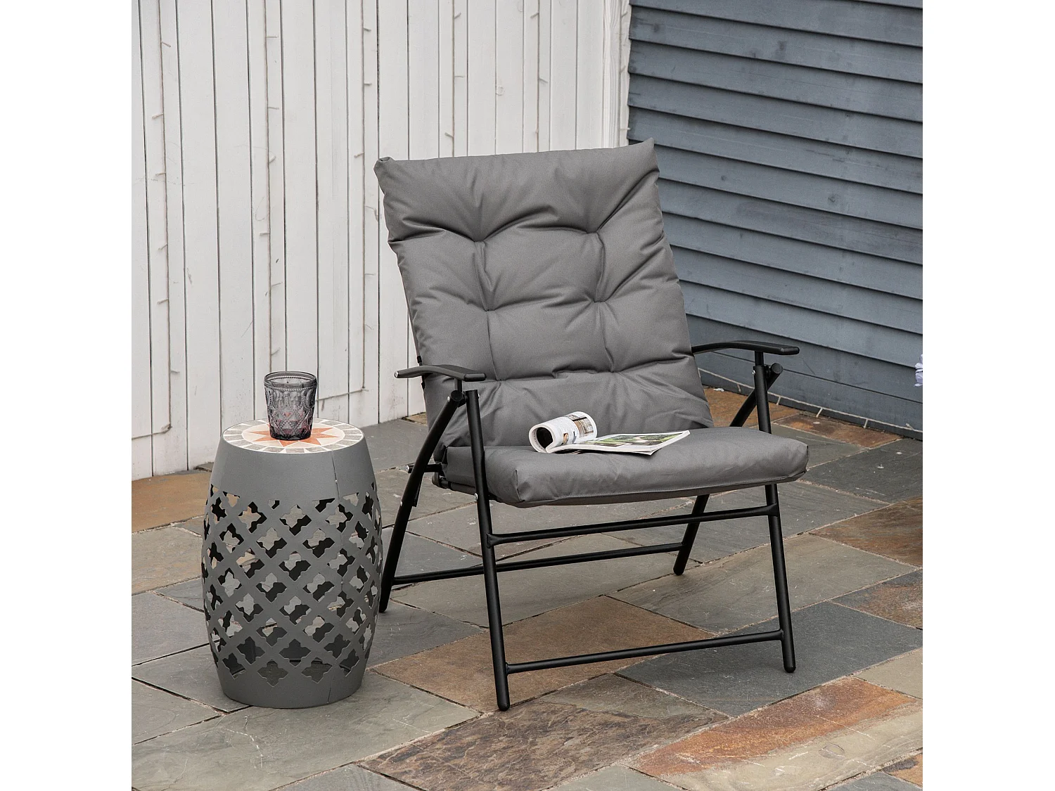 Chaise de camping pêche pliable portable haut dossier inclinable épais coussin matelassé inclus gris