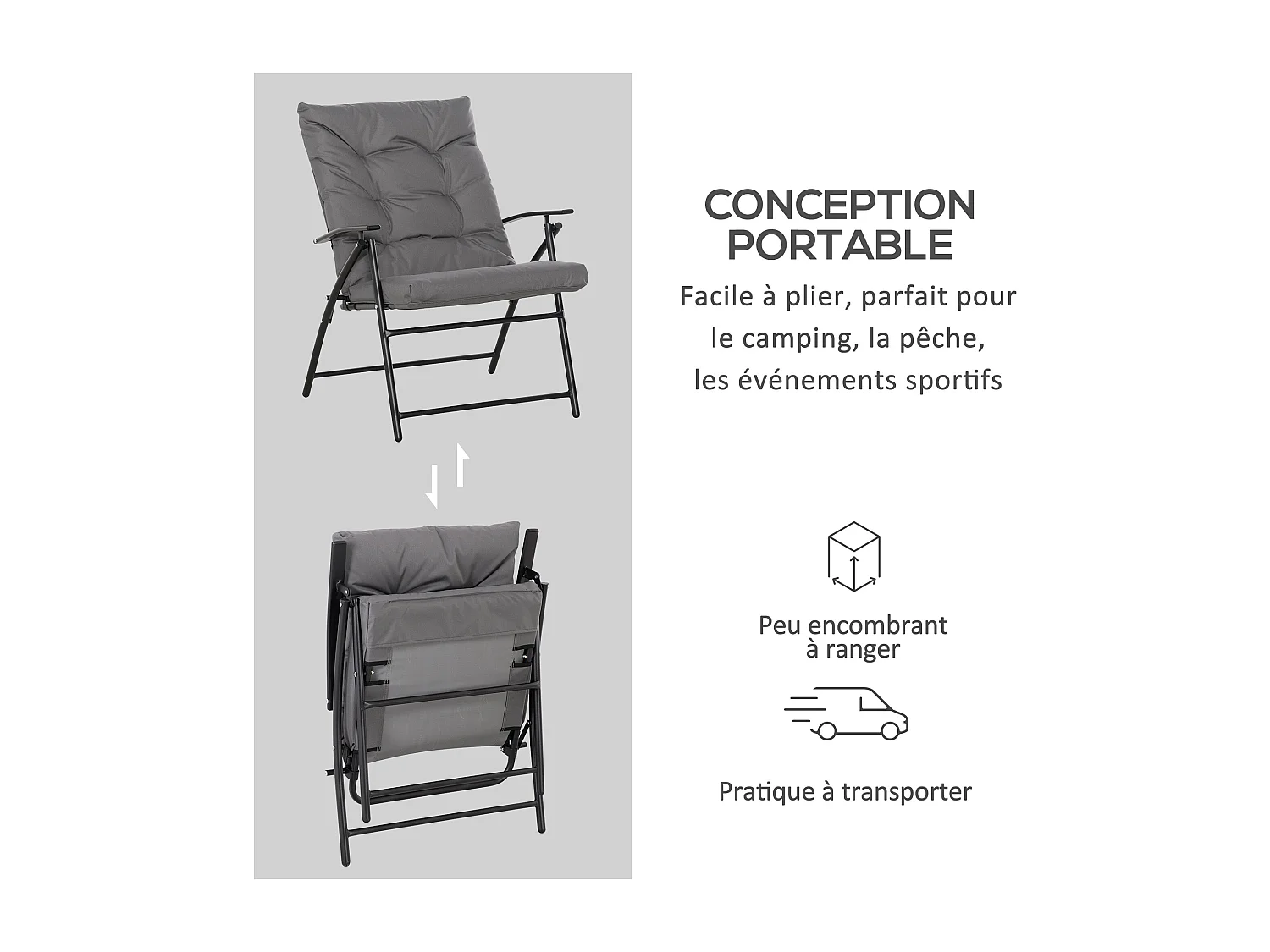 Chaise de camping pêche pliable portable haut dossier inclinable épais coussin matelassé inclus gris