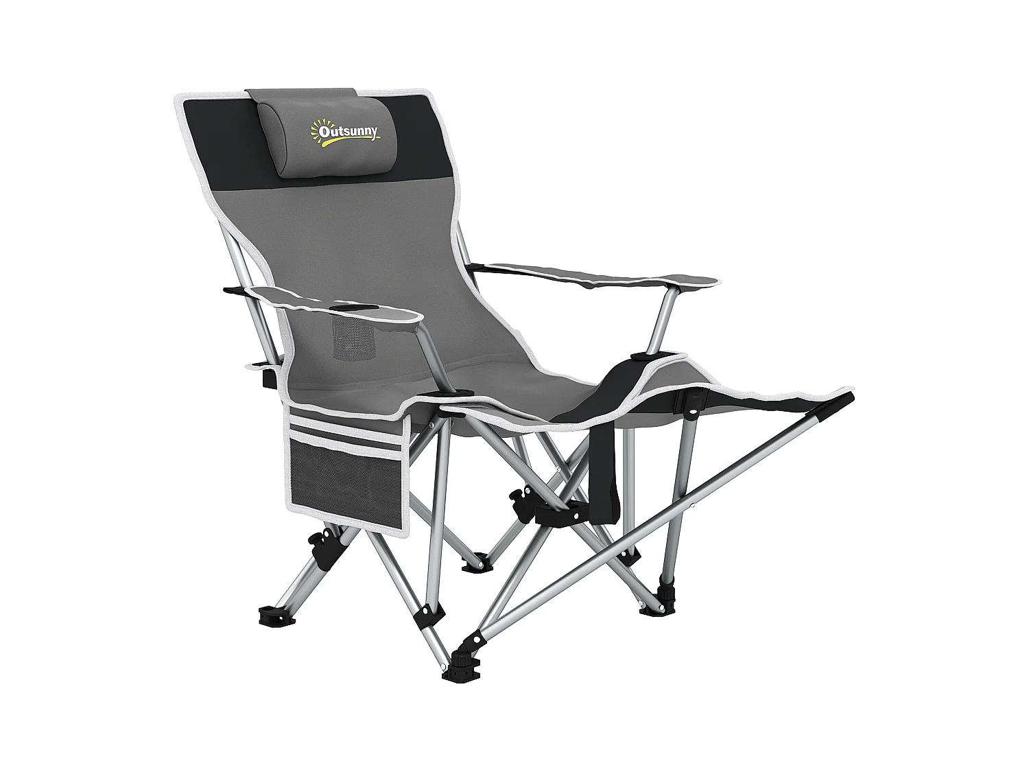 Chaise de camping pliante - repose-pied amovible, rangements - sac transport - gris