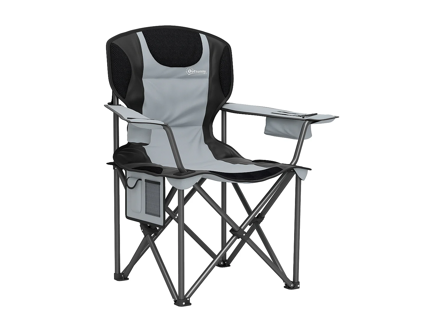 Chaise de camping pliante rembourrée - porte-gobelets, poches latérales rangement, sac isotherme - sac transport inclus - gris noir