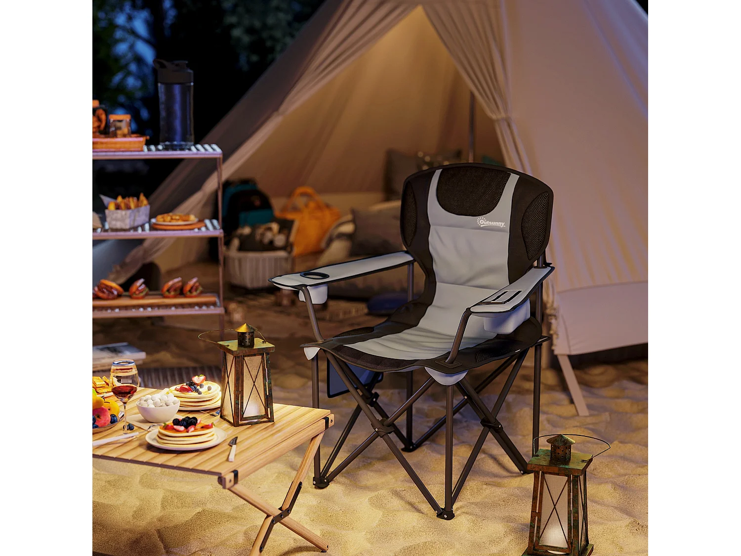 Chaise de camping pliante rembourrée - porte-gobelets, poches latérales rangement, sac isotherme - sac transport inclus - gris noir