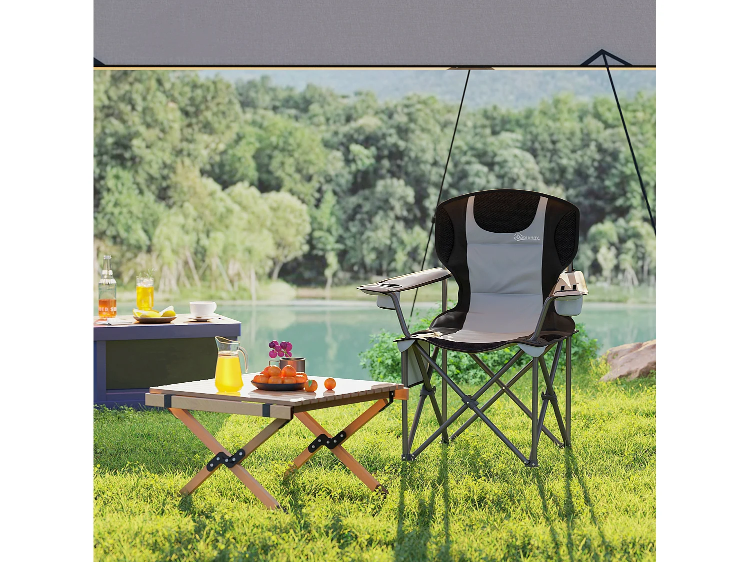 Chaise de camping pliante rembourrée - porte-gobelets, poches latérales rangement, sac isotherme - sac transport inclus - gris noir