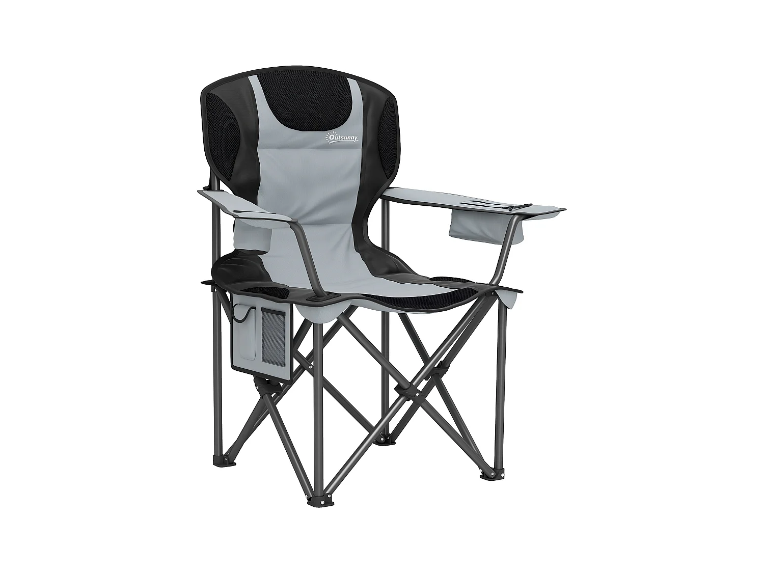 Chaise de camping pliante rembourrée - porte-gobelets, poches latérales rangement, sac isotherme - sac transport inclus - gris noir
