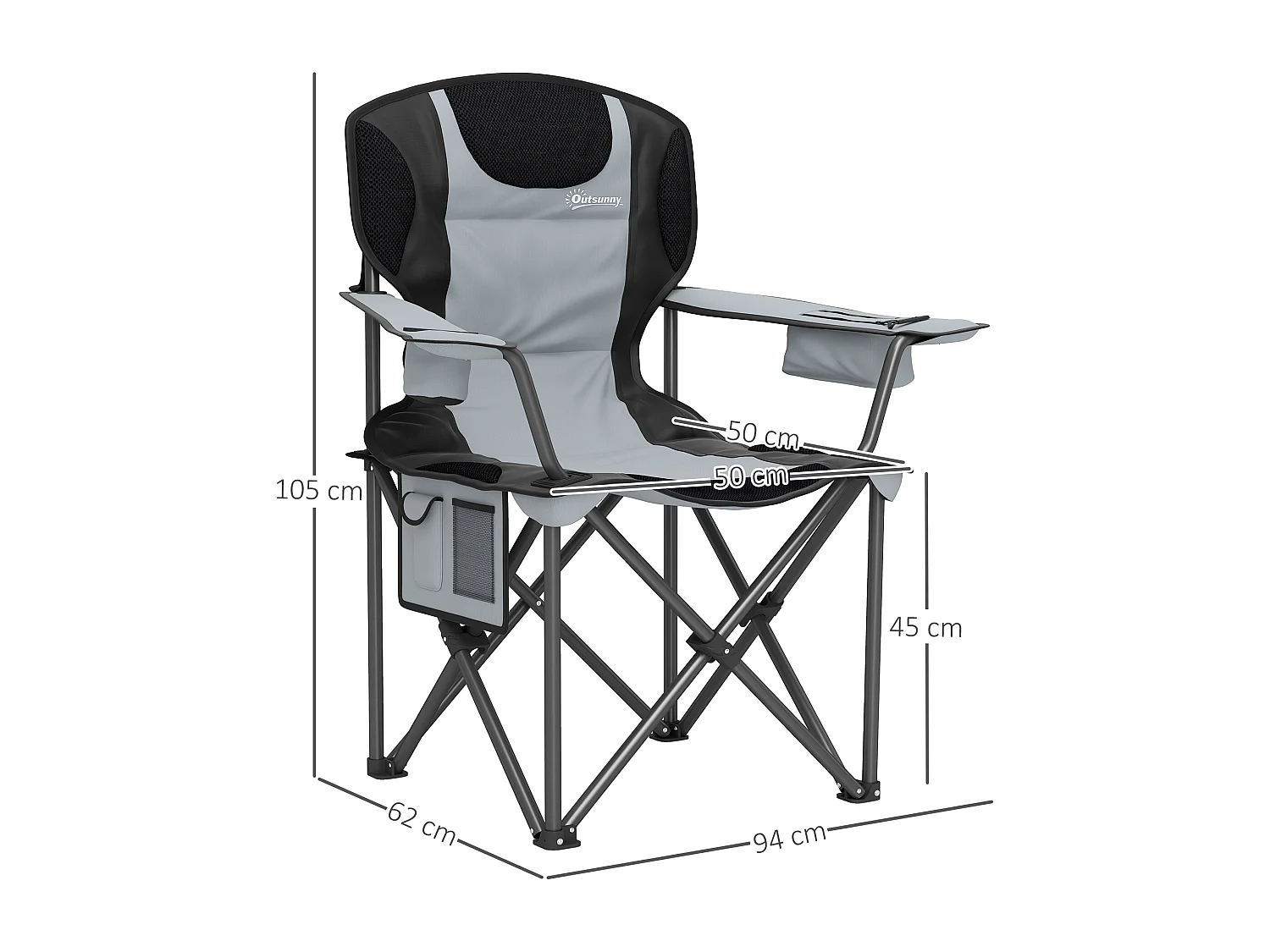 Chaise de camping pliante rembourrée - porte-gobelets, poches latérales rangement, sac isotherme - sac transport inclus - gris noir