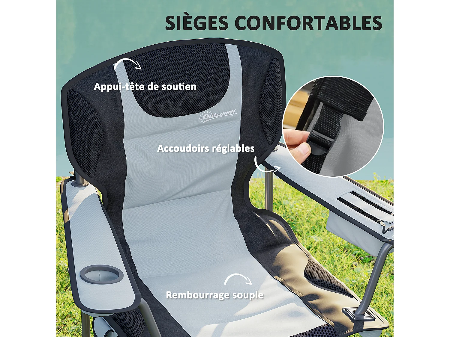 Chaise de camping pliante rembourrée - porte-gobelets, poches latérales rangement, sac isotherme - sac transport inclus - gris noir