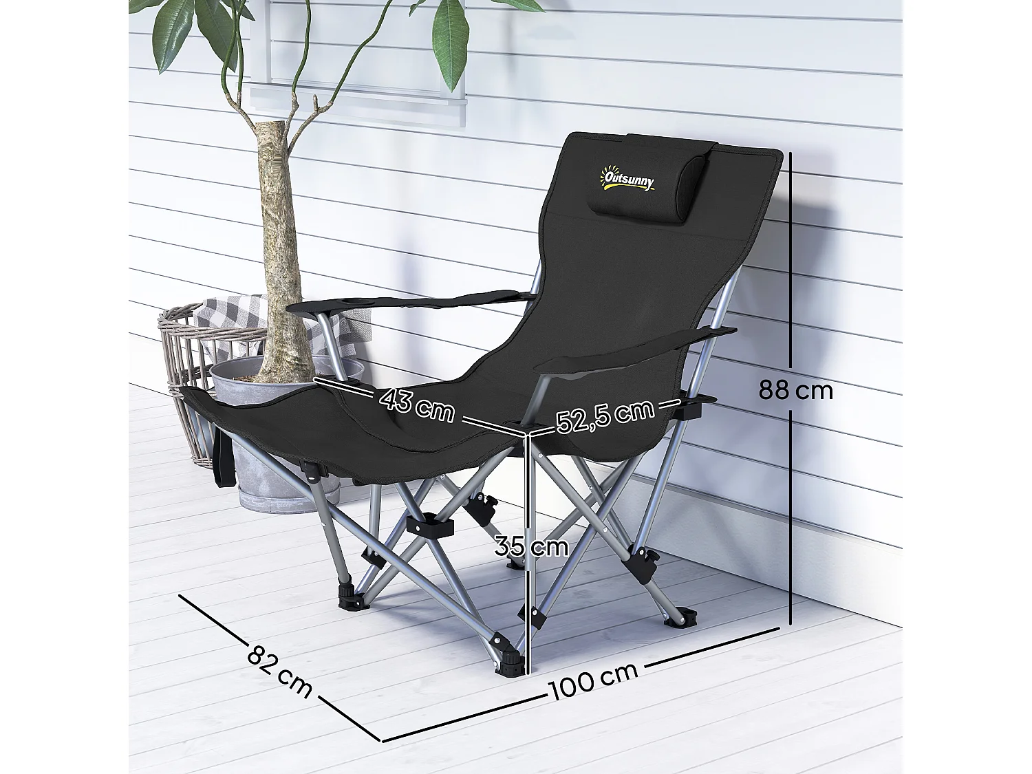 Chaise de camping pliante - repose-pied amovible, rangements - sac transport - noir