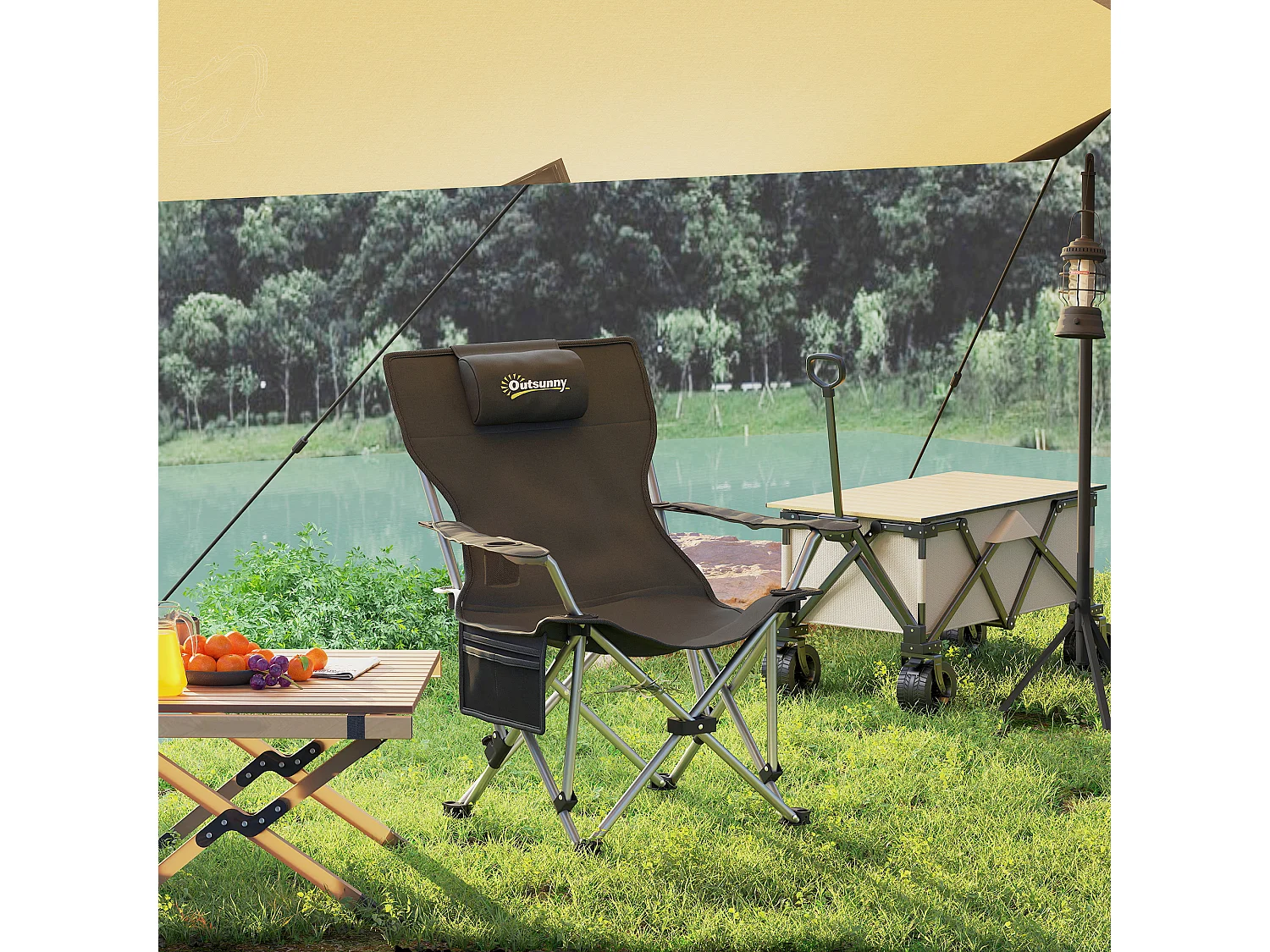 Chaise de camping pliante - repose-pied amovible, rangements - sac transport - noir