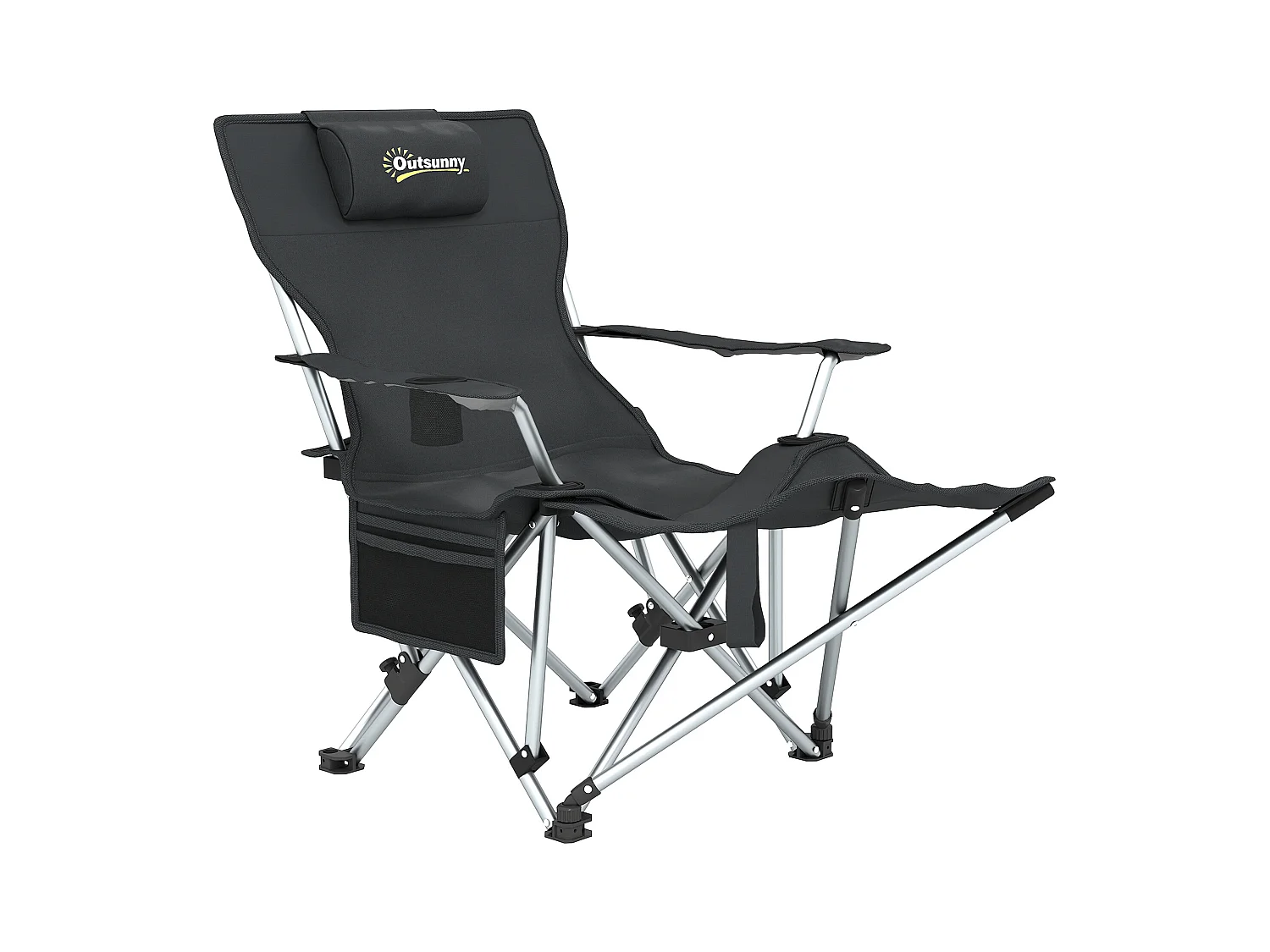 Chaise de camping pliante - repose-pied amovible, rangements - sac transport - noir