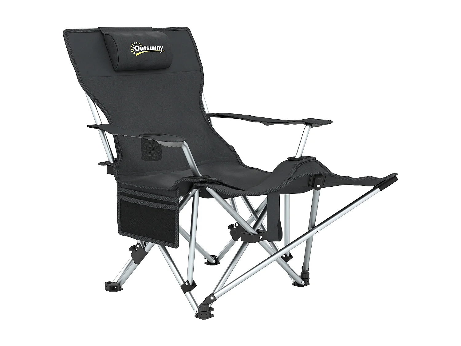 Chaise de camping pliante - repose-pied amovible, rangements - sac transport - noir