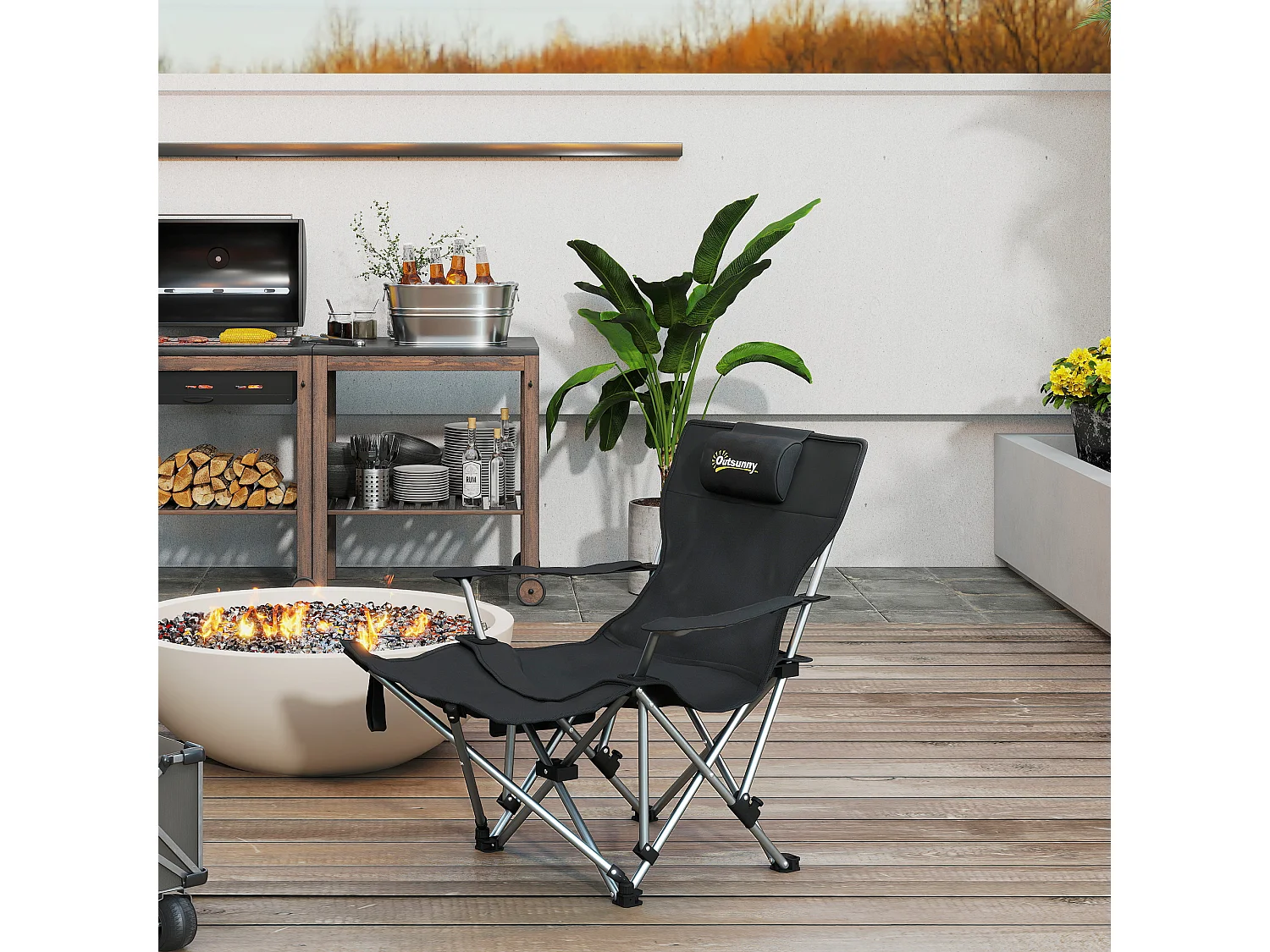 Chaise de camping pliante - repose-pied amovible, rangements - sac transport - noir