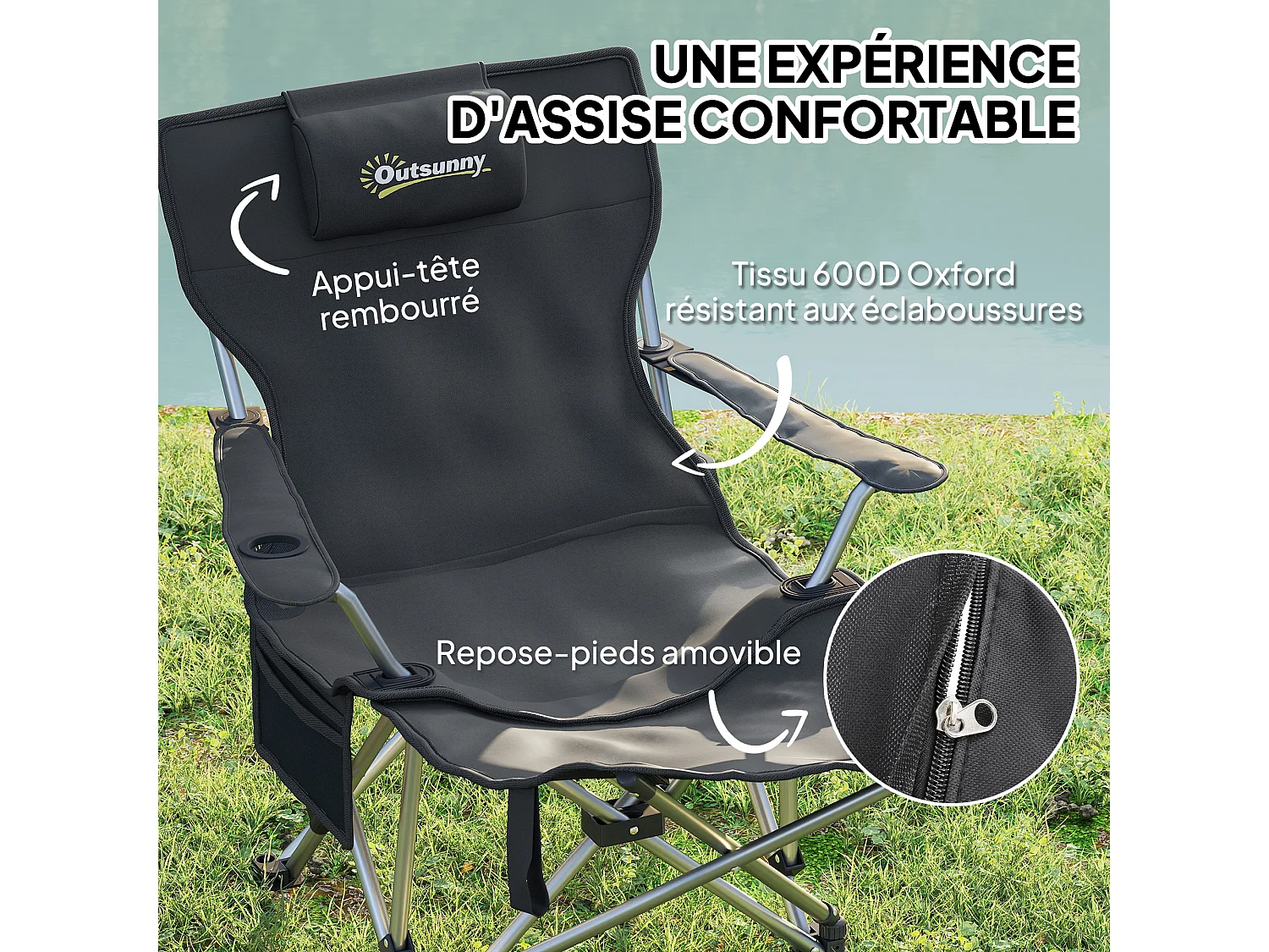Chaise de camping pliante - repose-pied amovible, rangements - sac transport - noir