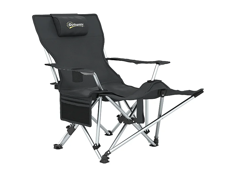 Chaise de camping pliante - repose-pied amovible, rangements - sac transport - noir