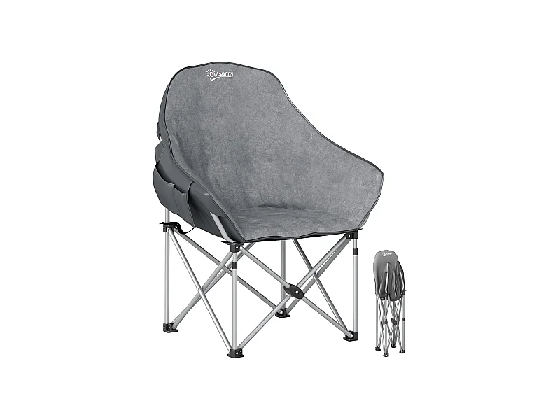 Chaise de camping pliante rembourrée revêtement toucher daim grand confort rangements sac inclus gris