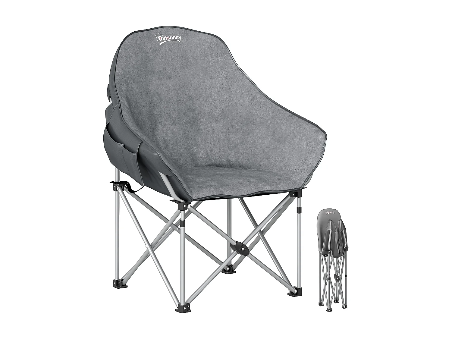 Chaise de camping pliante rembourrée revêtement toucher daim grand confort rangements sac inclus gris