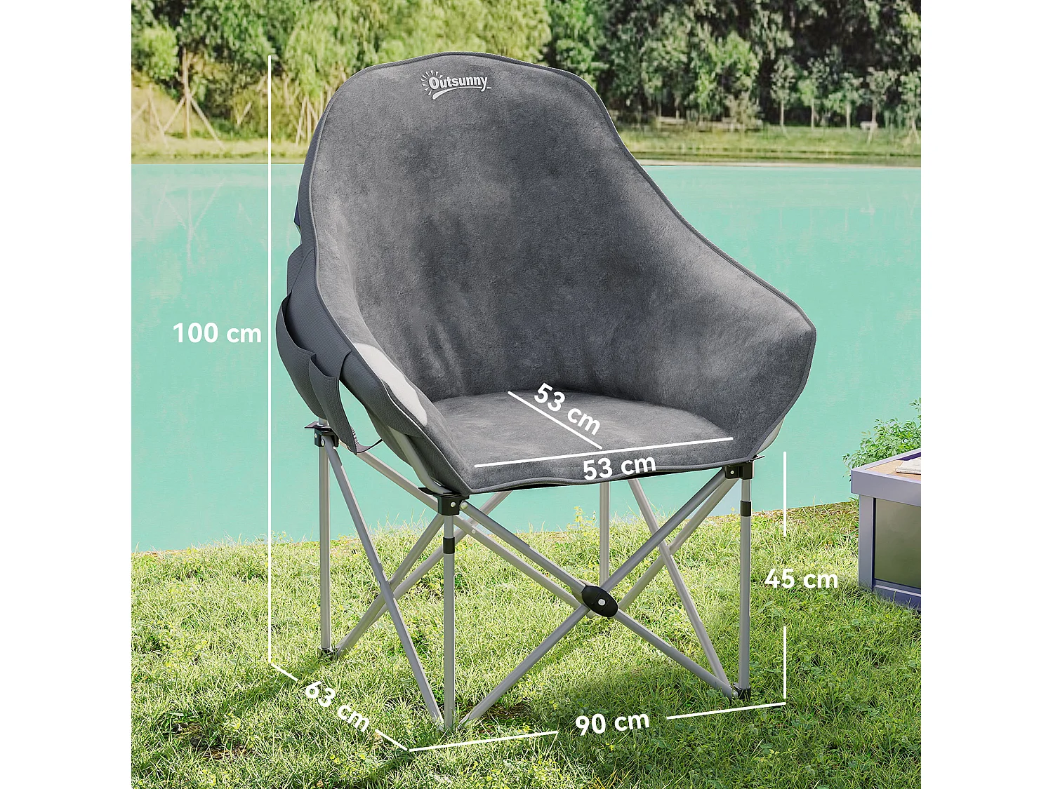 Chaise de camping pliante rembourrée revêtement toucher daim grand confort rangements sac inclus gris