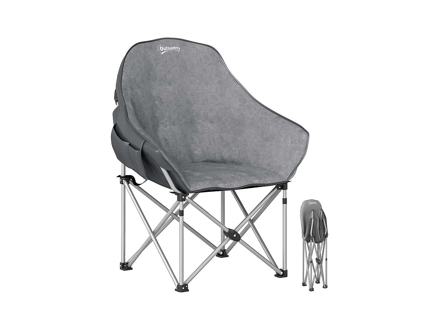 Chaise de camping pliante rembourrée revêtement toucher daim grand confort rangements sac inclus gris