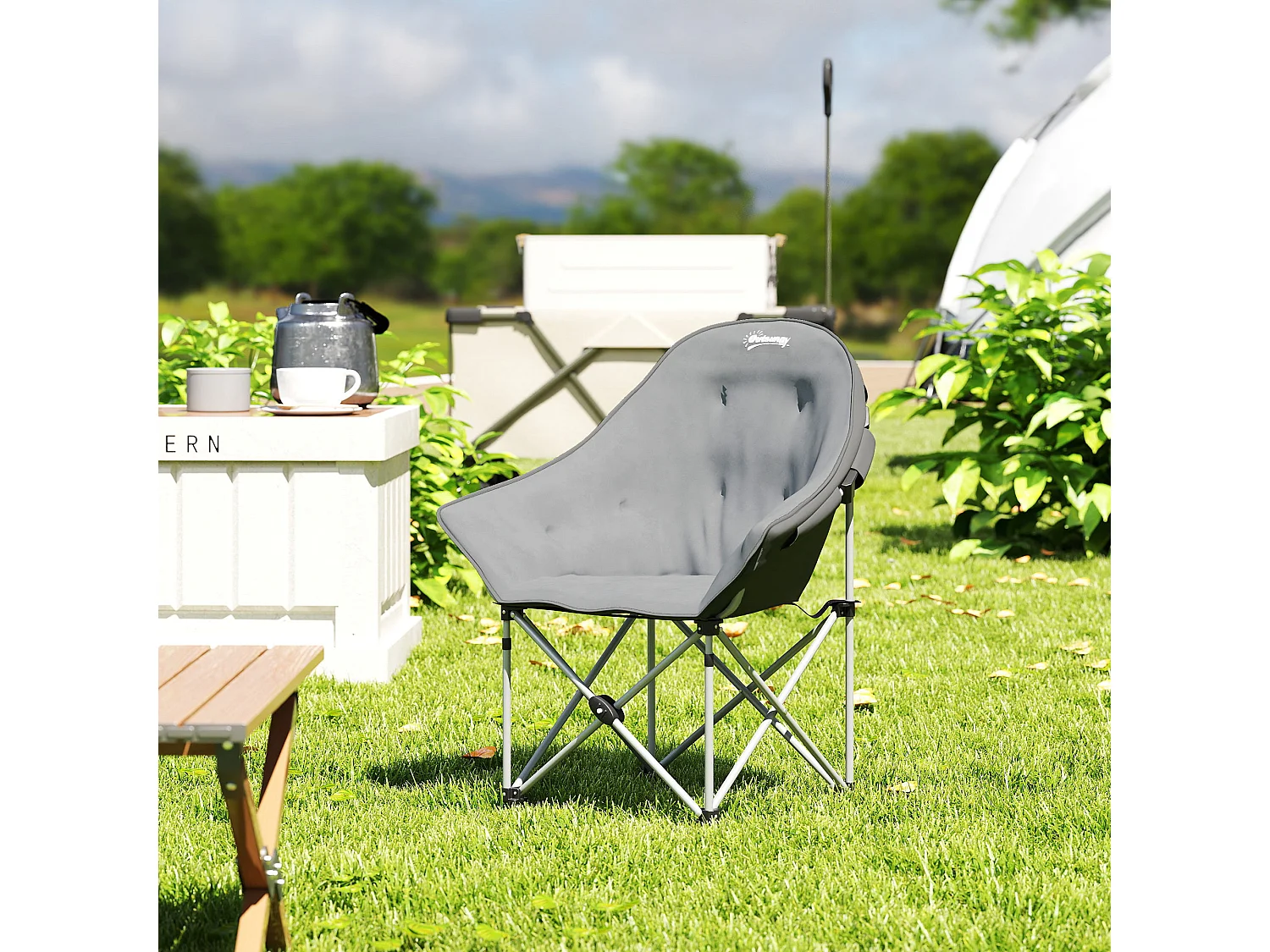 Chaise de camping pliante rembourrée revêtement toucher daim grand confort rangements sac inclus gris