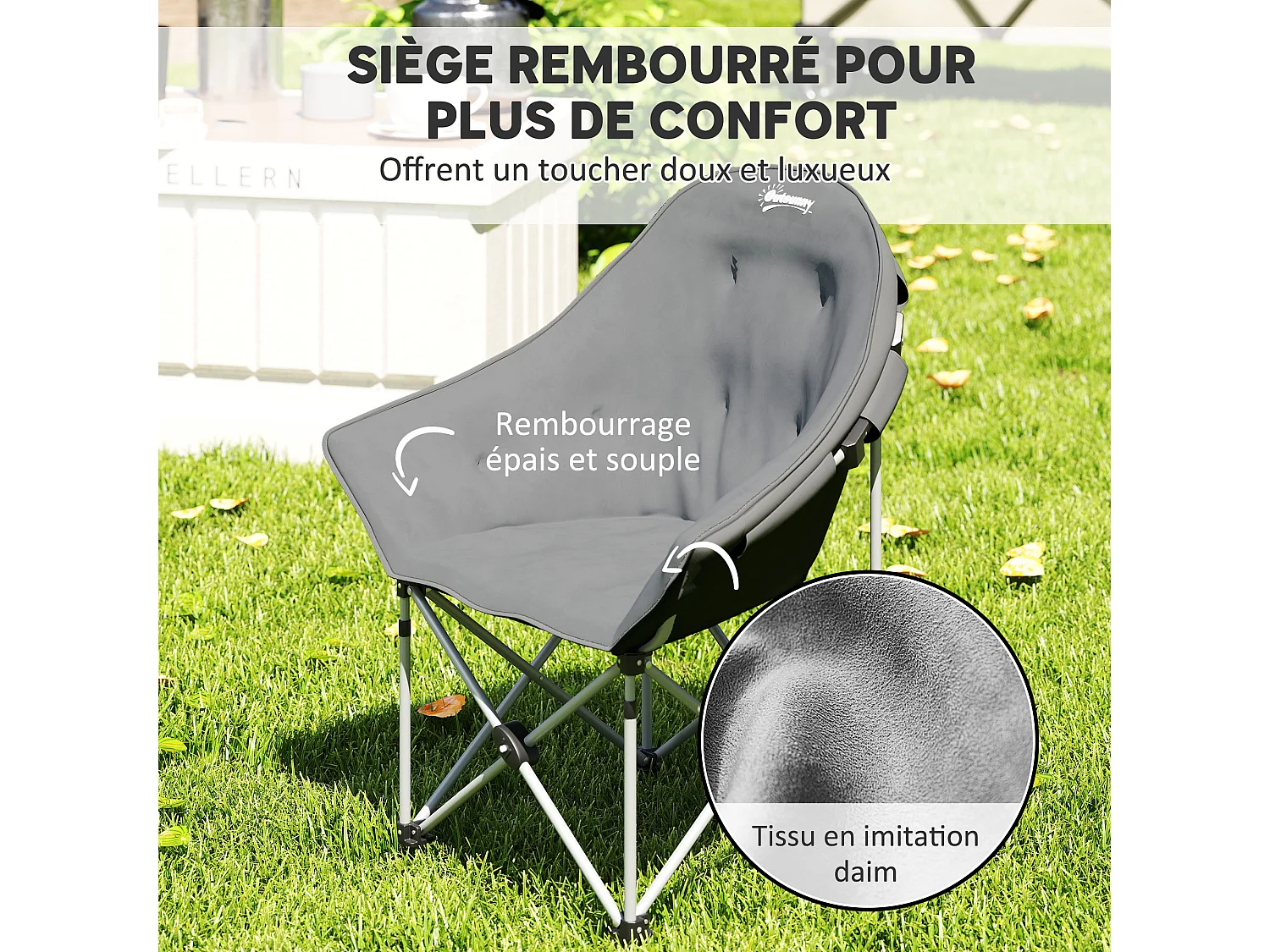 Chaise de camping pliante rembourrée revêtement toucher daim grand confort rangements sac inclus gris