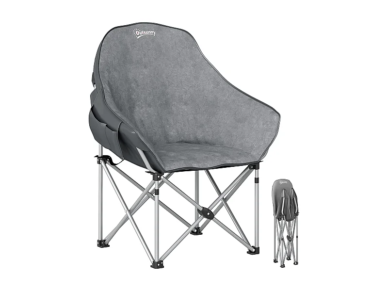 Chaise de camping pliante rembourrée revêtement toucher daim grand confort rangements sac inclus gris