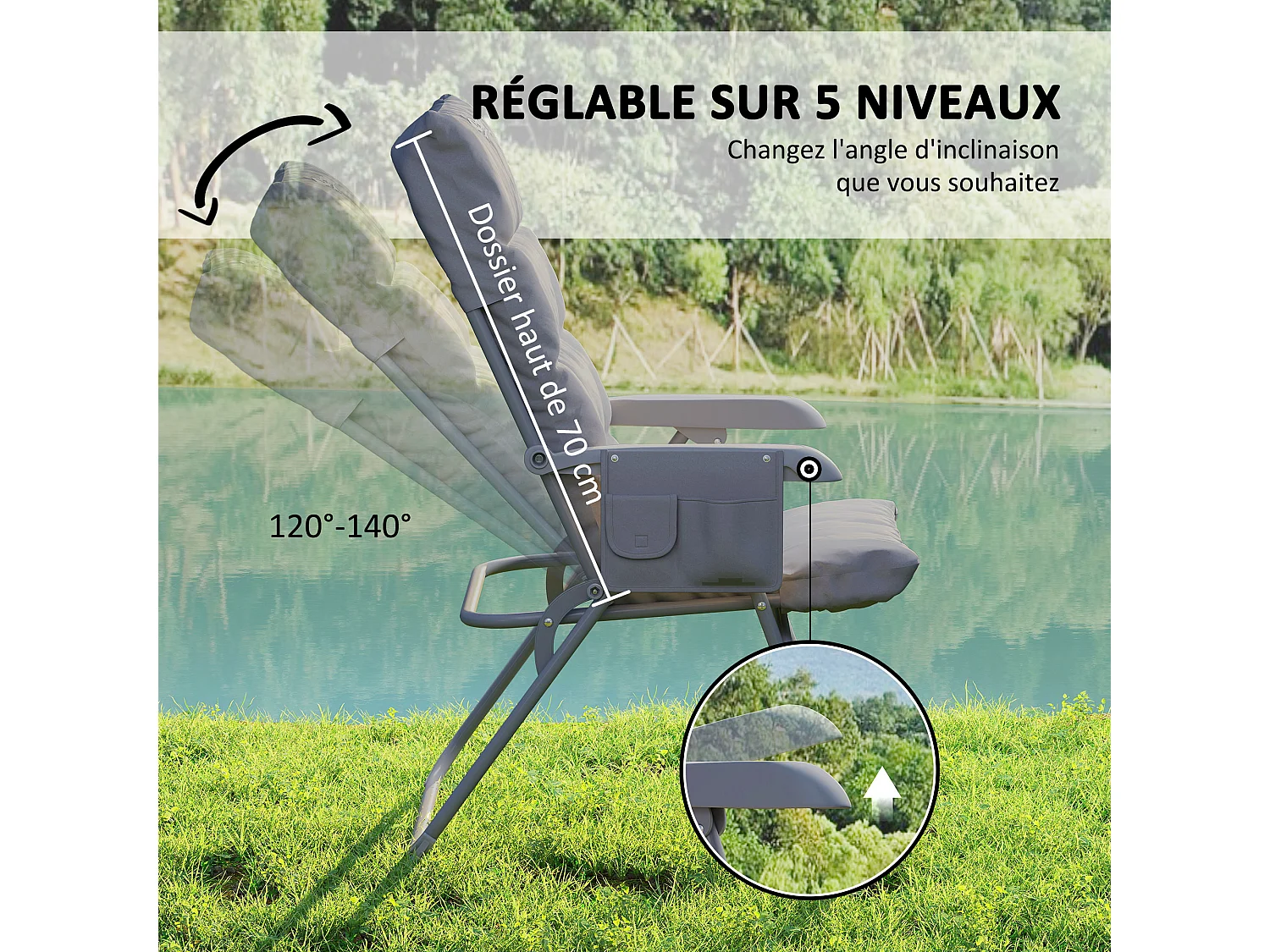 Chaise de camping pliante rembourrée inclinable grand confort gris