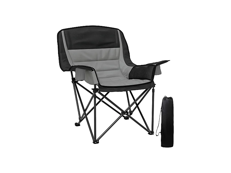 Chaise de camping pliante rembourrée - porte-gobelets, poches latérales rangement - sac transport inclus - gris noir