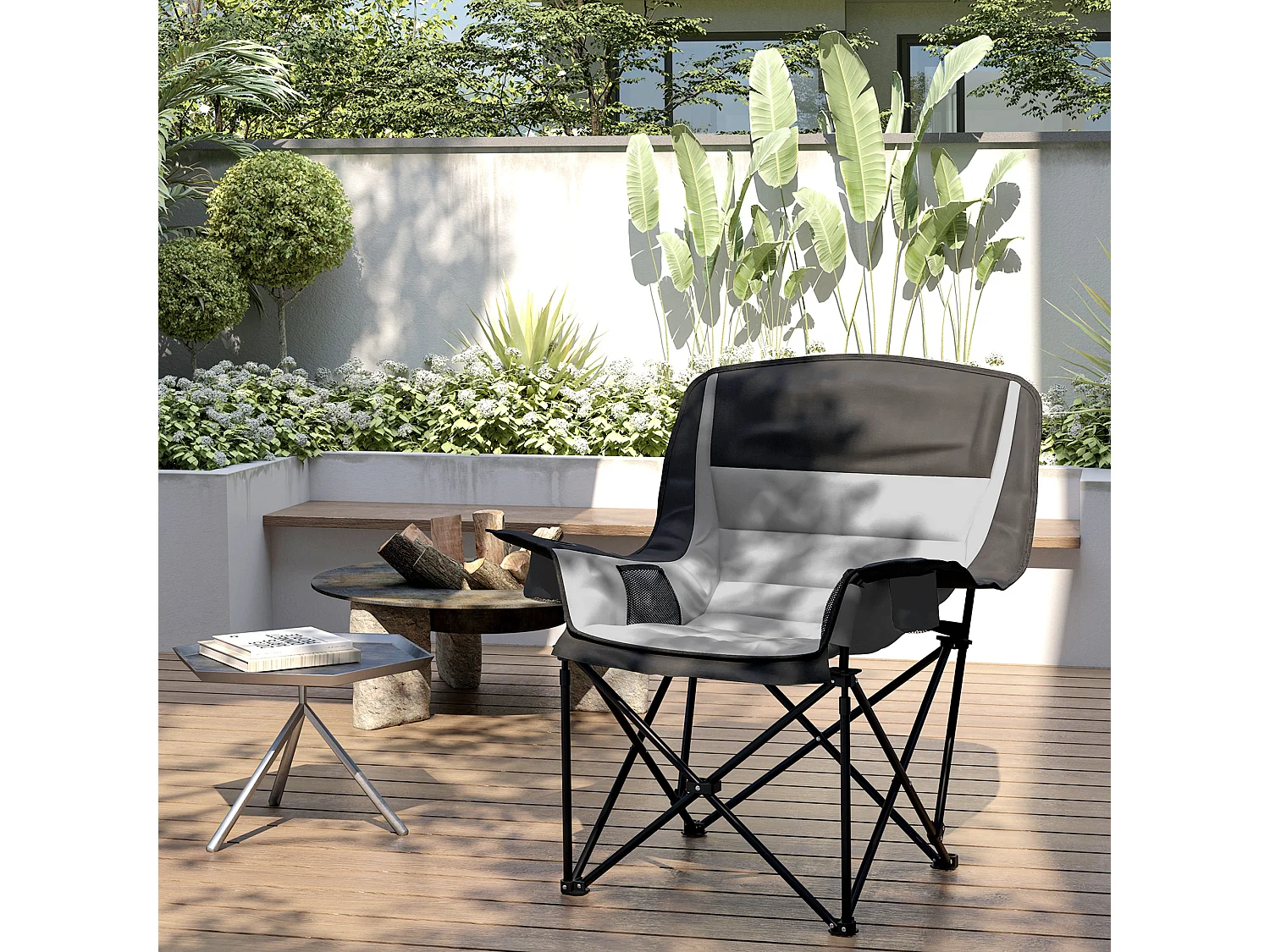 Chaise de camping pliante rembourrée - porte-gobelets, poches latérales rangement - sac transport inclus - gris noir