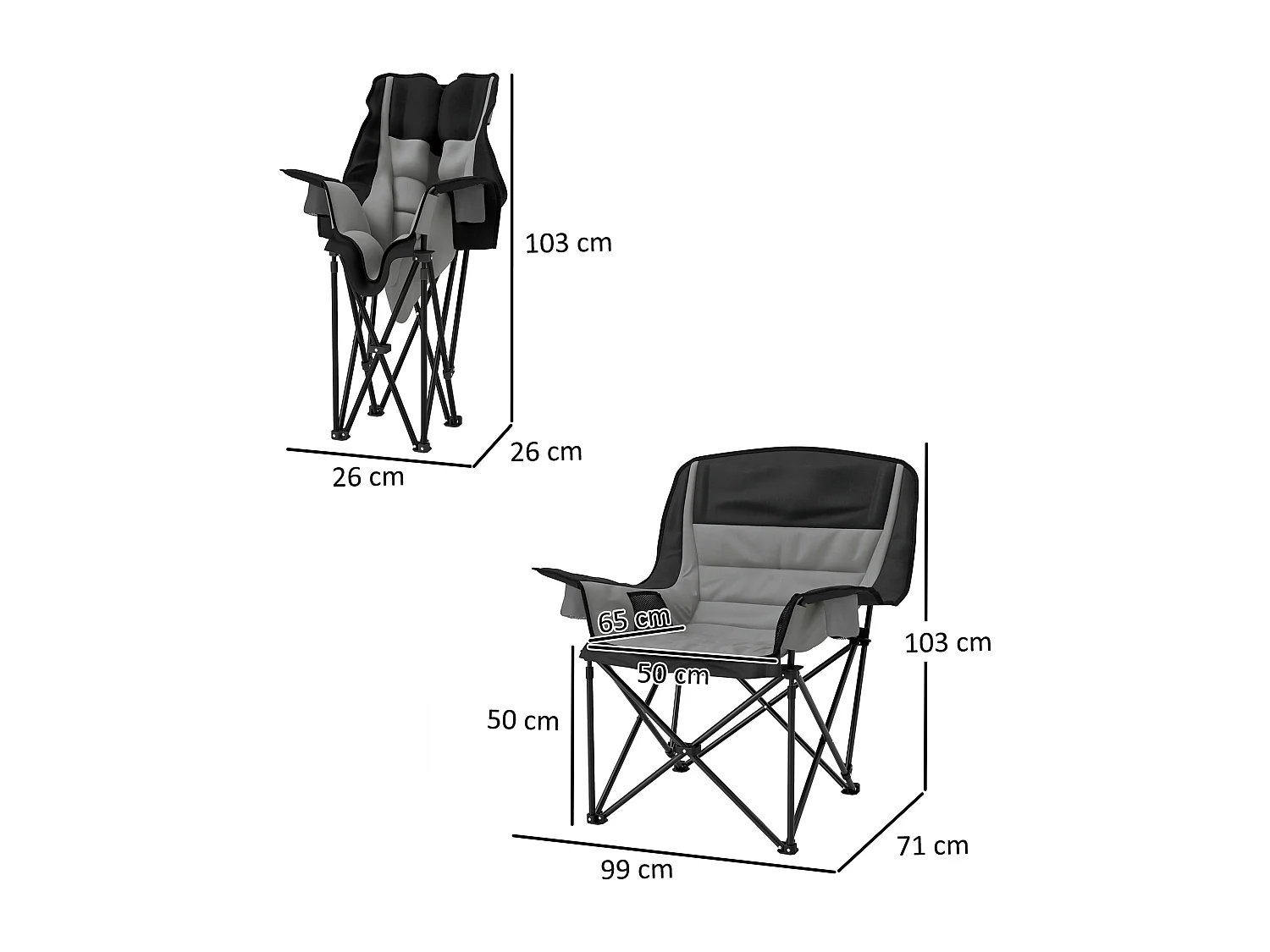 Chaise de camping pliante rembourrée - porte-gobelets, poches latérales rangement - sac transport inclus - gris noir