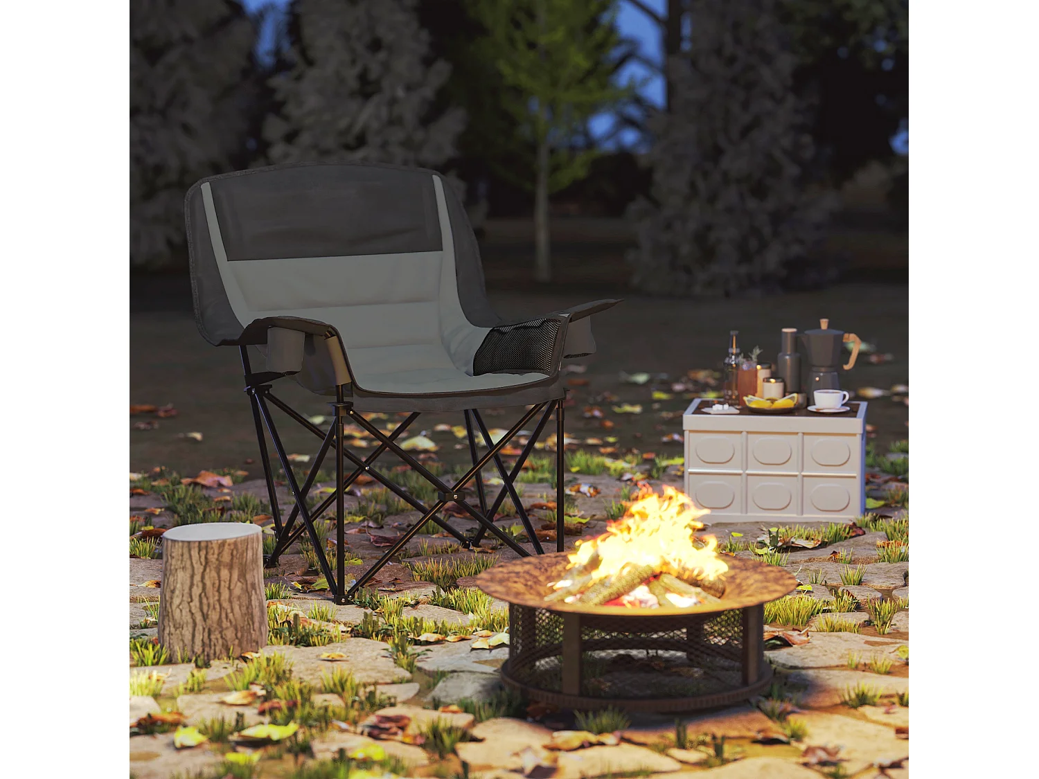 Chaise de camping pliante rembourrée - porte-gobelets, poches latérales rangement - sac transport inclus - gris noir