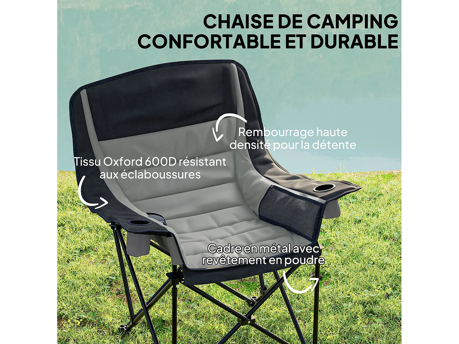 Chaise de camping pliante rembourrée - porte-gobelets, poches latérales rangement - sac transport inclus - gris noir
