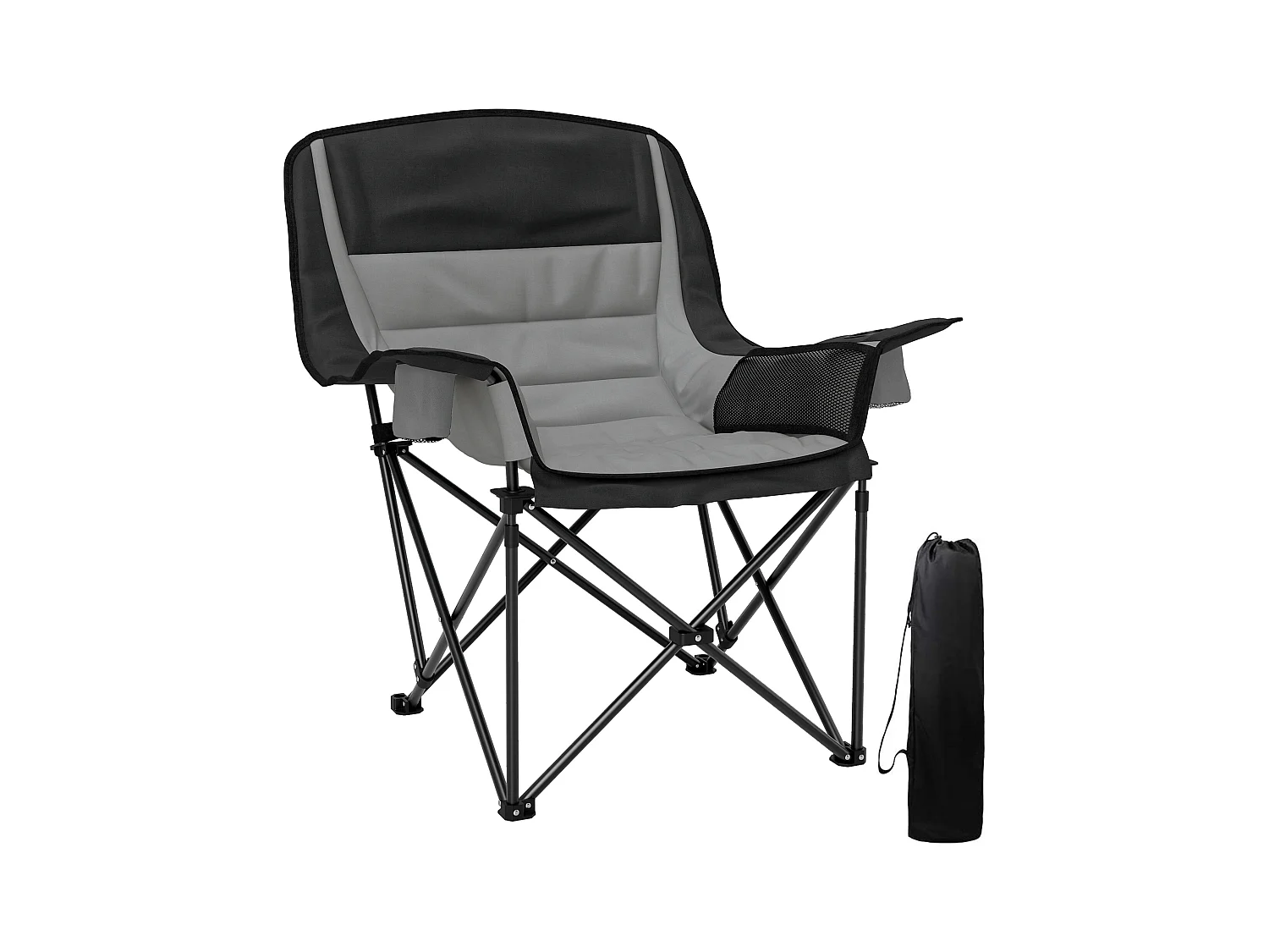 Chaise de camping pliante rembourrée - porte-gobelets, poches latérales rangement - sac transport inclus - gris noir