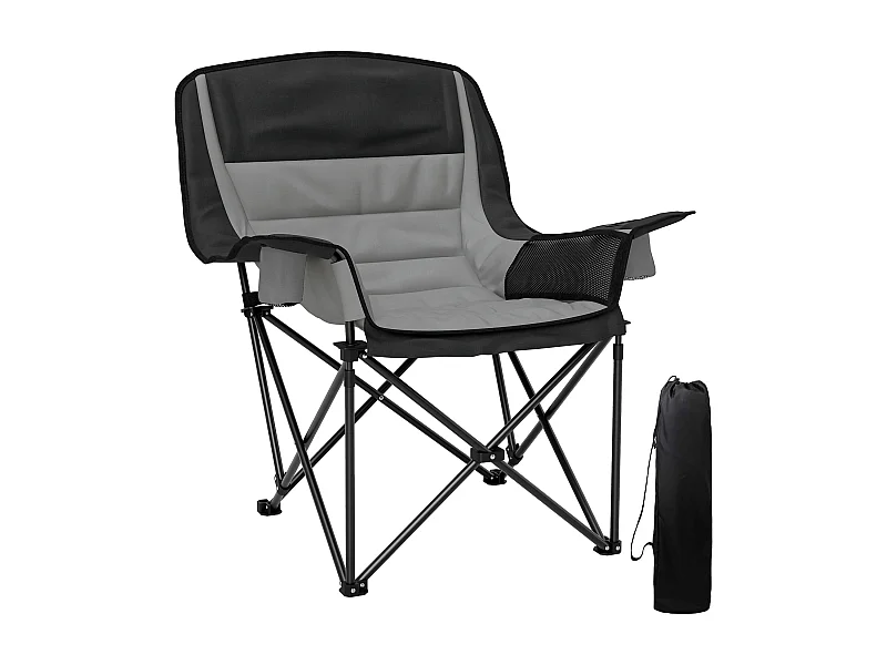 Chaise de camping pliante rembourrée - porte-gobelets, poches latérales rangement - sac transport inclus - gris noir
