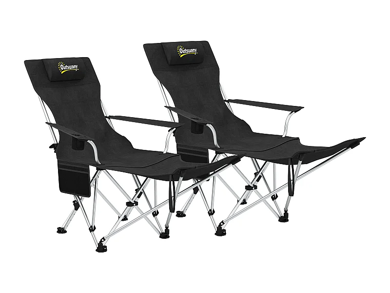 Lot de 2 chaises de camping pliantes - repose-pied amovible, rangements - sac transport - noir