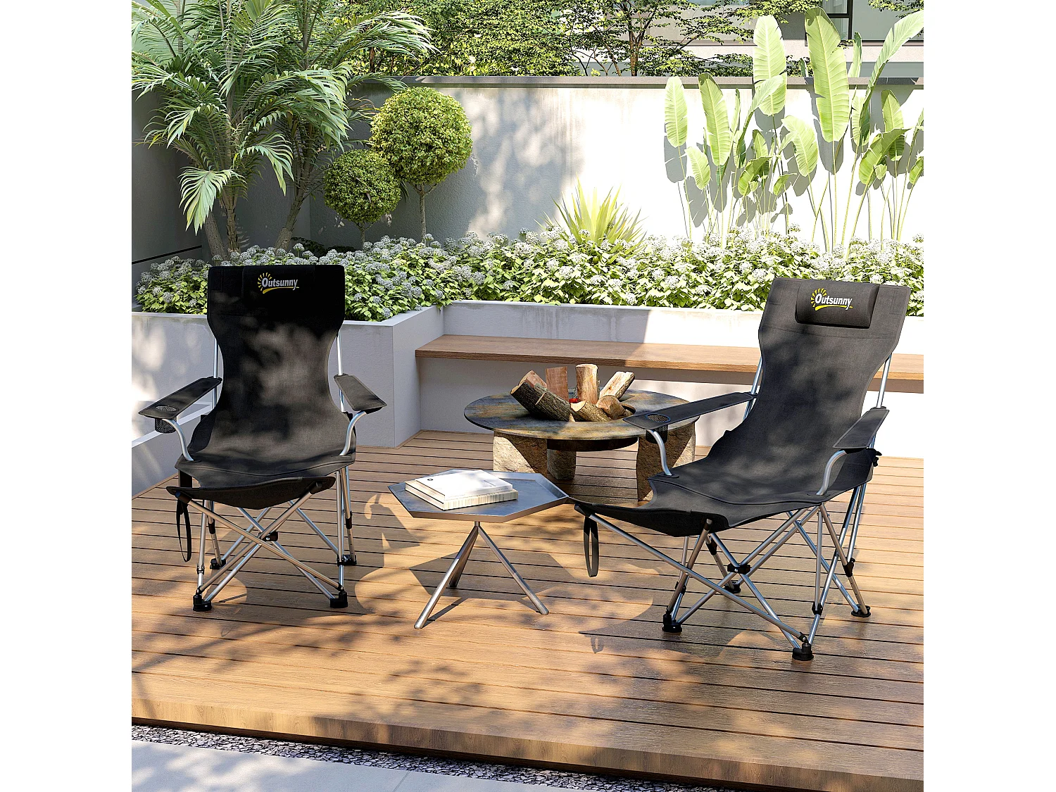 Lot de 2 chaises de camping pliantes - repose-pied amovible, rangements - sac transport - noir