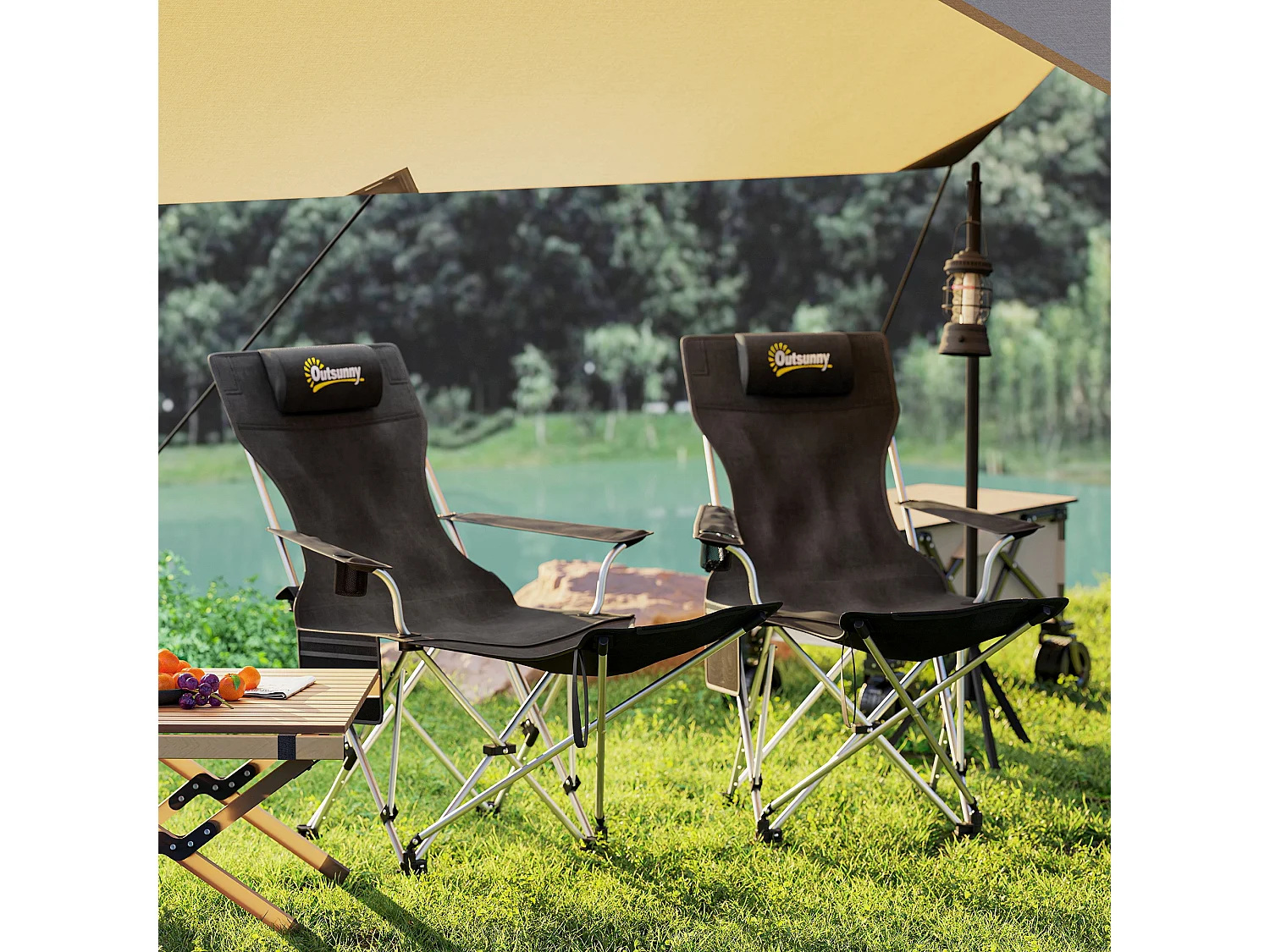 Lot de 2 chaises de camping pliantes - repose-pied amovible, rangements - sac transport - noir