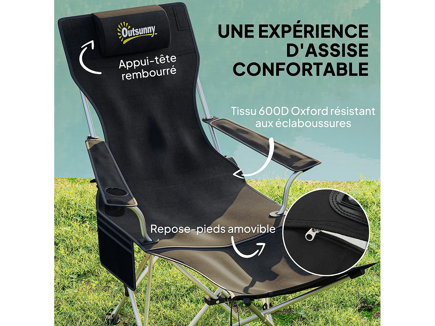 Lot de 2 chaises de camping pliantes - repose-pied amovible, rangements - sac transport - noir