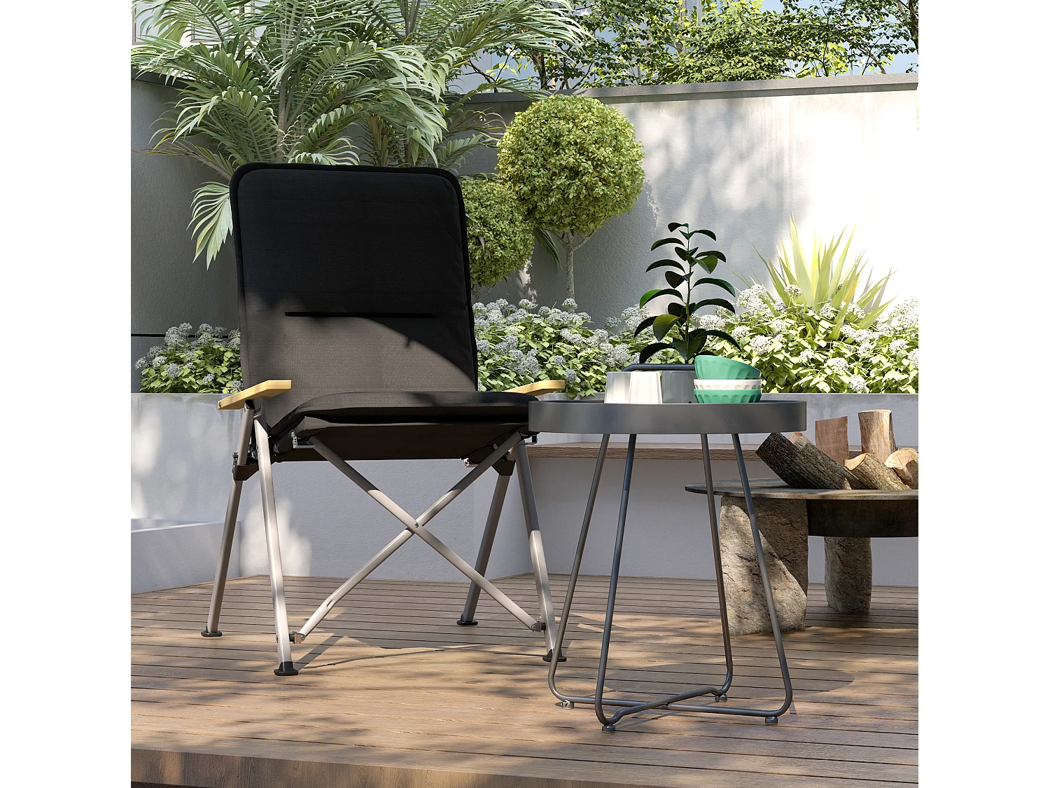 Chaise de camping pêche pliable inclinable 4 niveaux sac transport inclus alu gris bois polyester noir