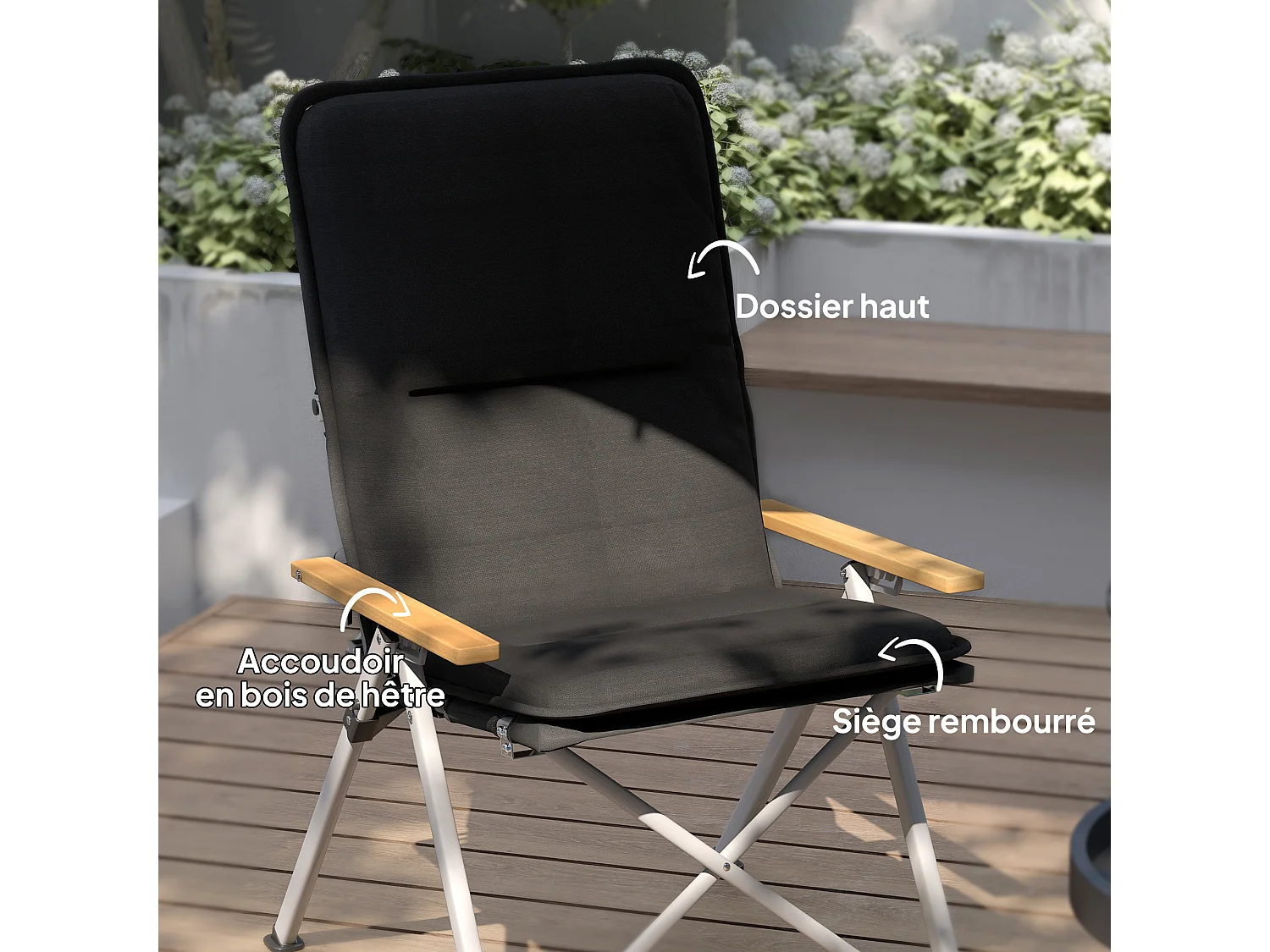 Chaise de camping pêche pliable inclinable 4 niveaux sac transport inclus alu gris bois polyester noir