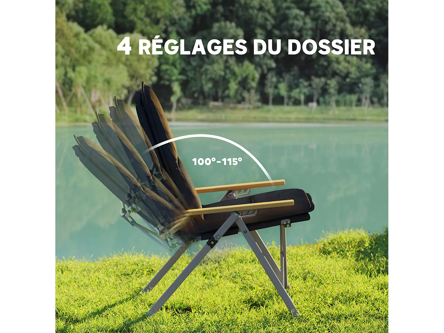 Chaise de camping pêche pliable inclinable 4 niveaux sac transport inclus alu gris bois polyester noir