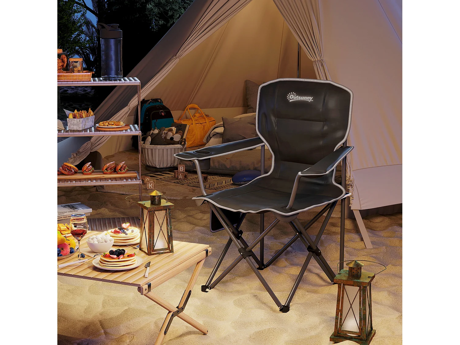 Chaise de camping pliante rembourrée - porte-gobelets, poches latérales rangement - sac transport inclus - noir