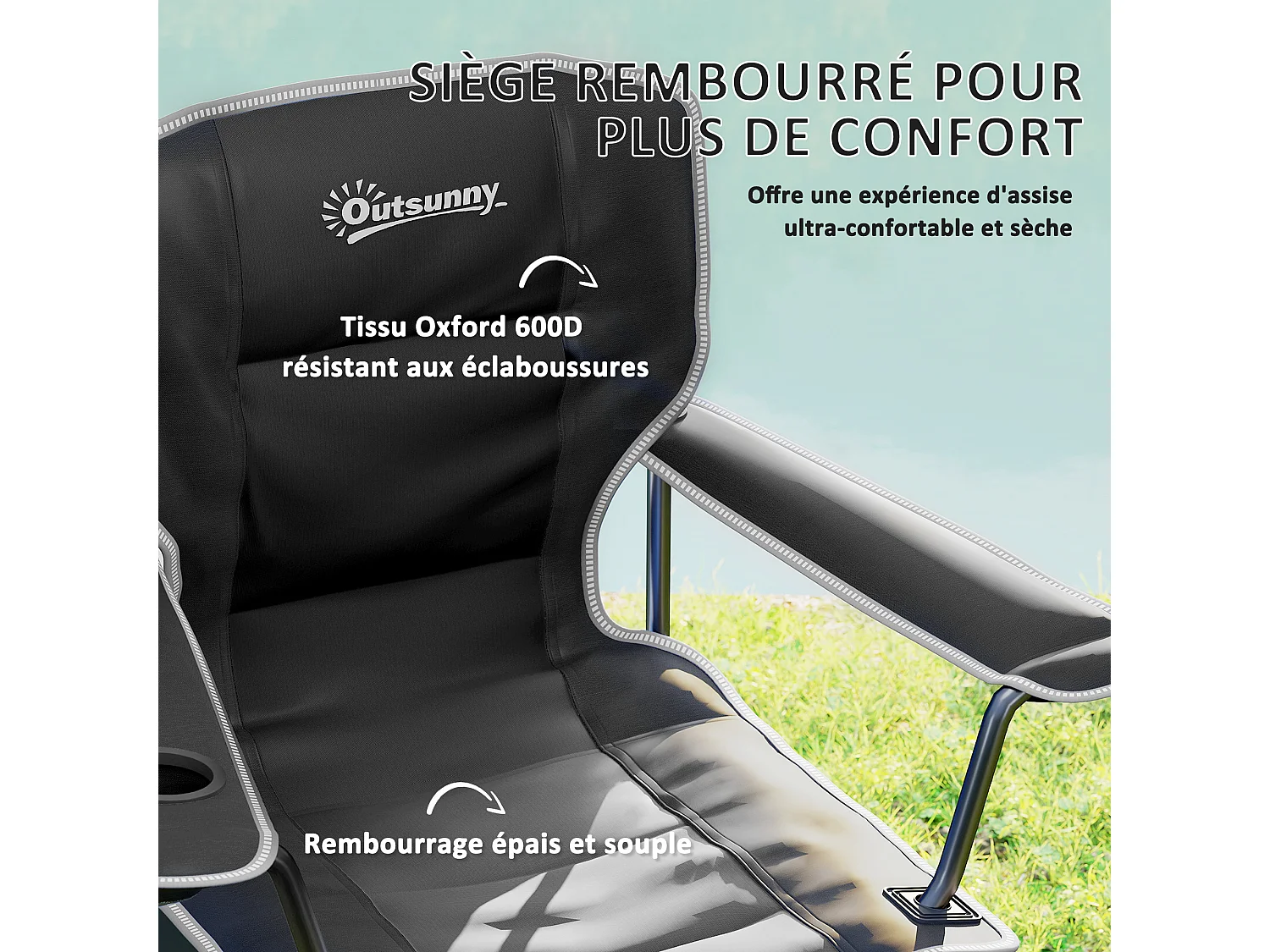 Chaise de camping pliante rembourrée - porte-gobelets, poches latérales rangement - sac transport inclus - noir