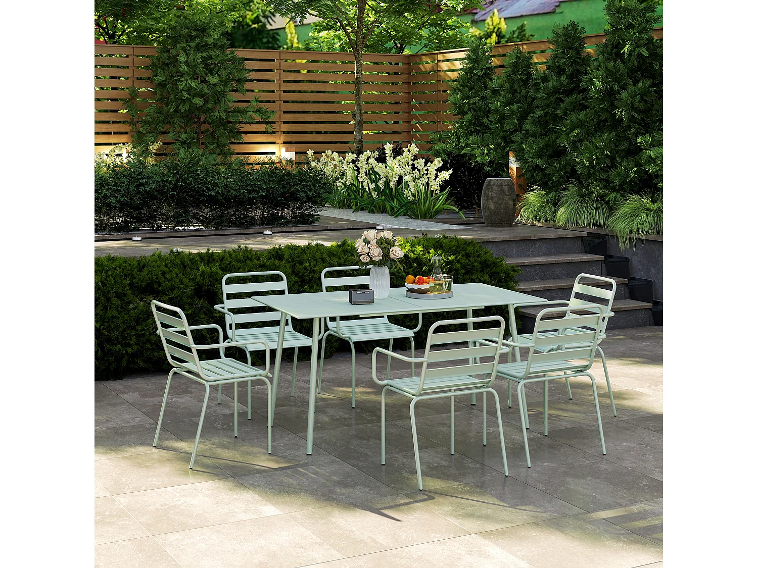 Salon de jardin 6 places 7 pièces - table à manger 6 chaises empilables - acier thermolaqué verre d'eau