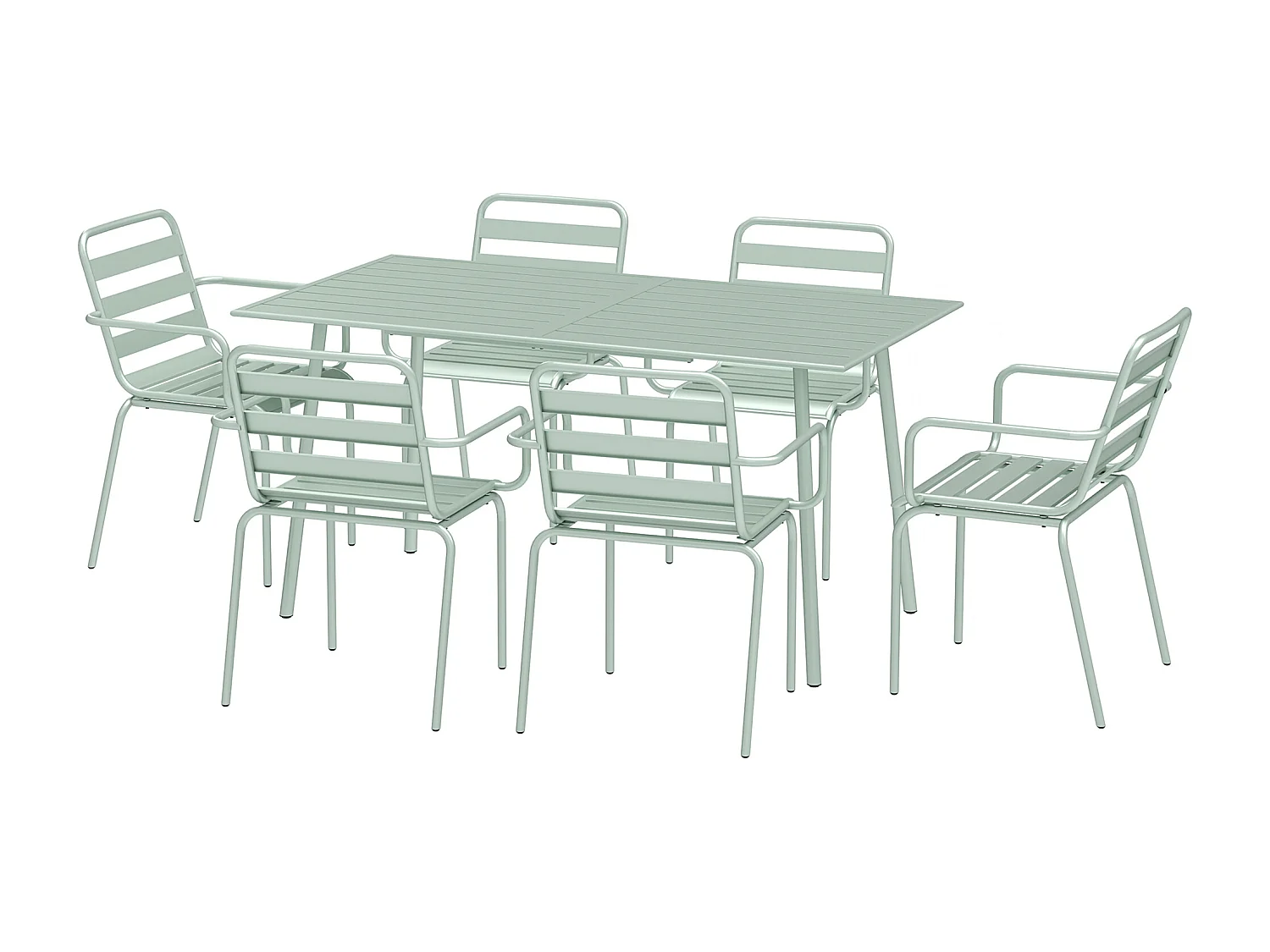 Salon de jardin 6 places 7 pièces - table à manger 6 chaises empilables - acier thermolaqué verre d'eau