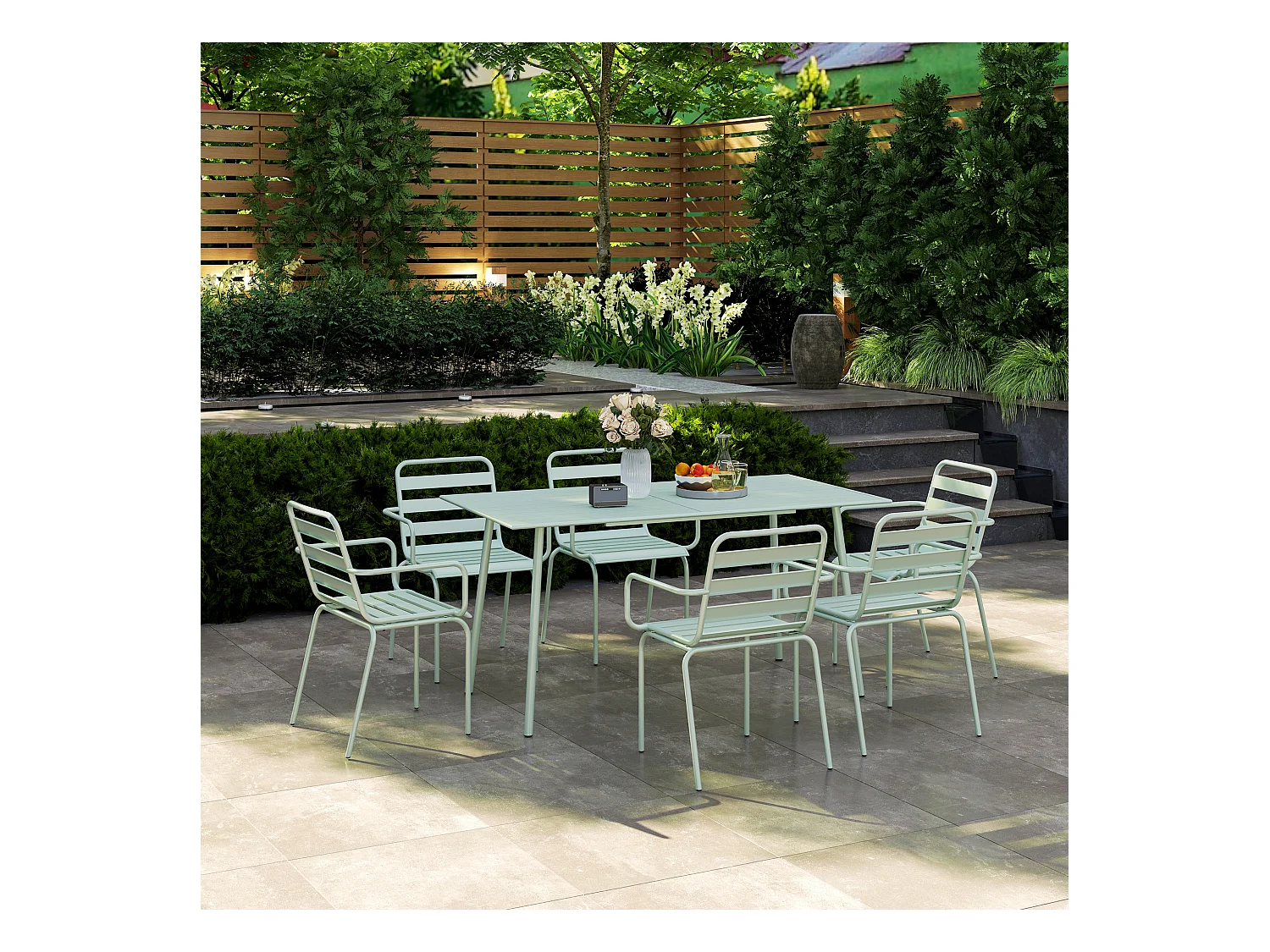 Salon de jardin 6 places 7 pièces - table à manger 6 chaises empilables - acier thermolaqué verre d'eau